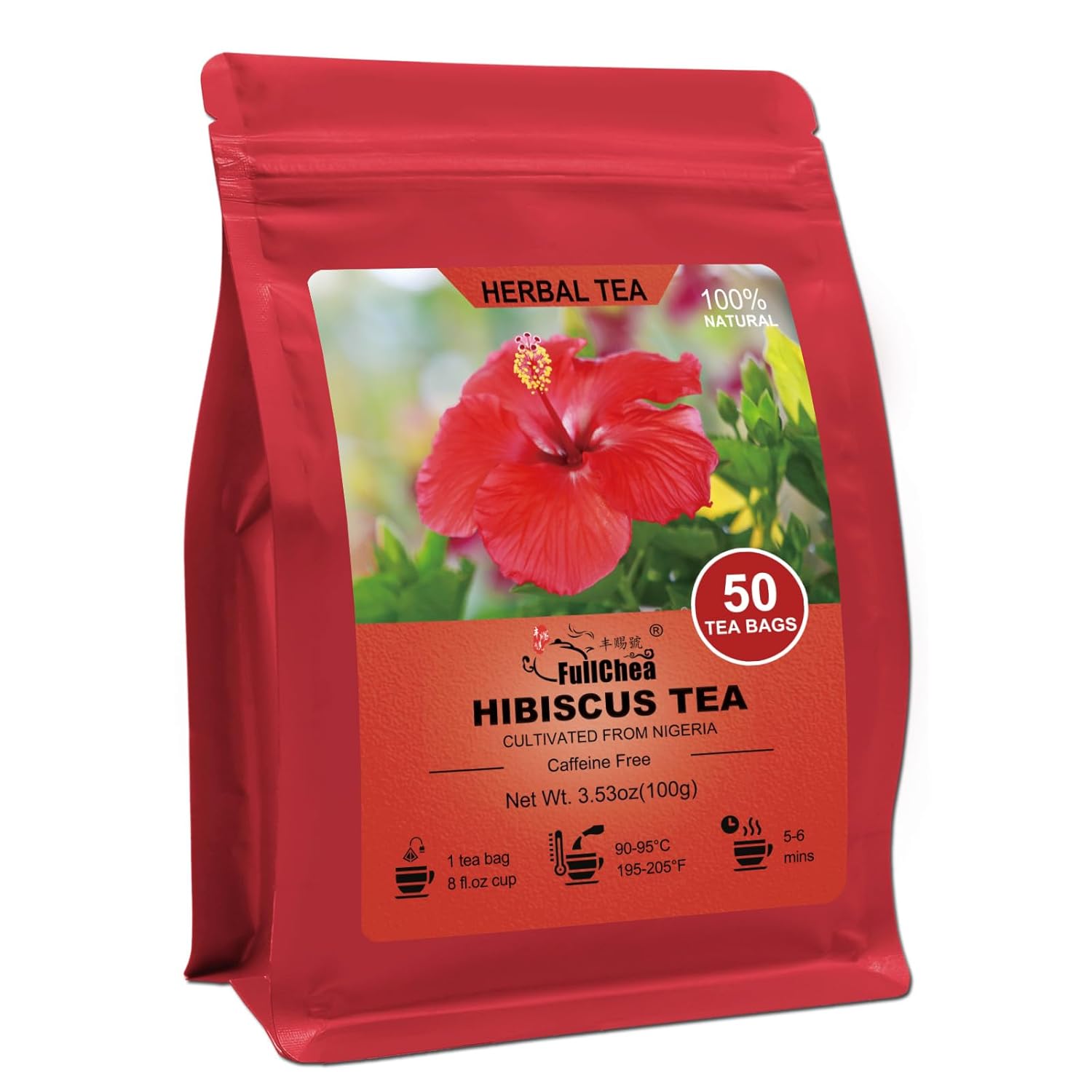 FullChea - Hibiscus Tea Bags, 50 Teabags, 2g/bag - Premium Hibiscus Flower Tea Bag - Cultivated From Nigeria - Non-GMO - Caffeine-free - Rich in Antioxidants & Support Digestion Hibiscus Tea 50 Count (Pack of 1)