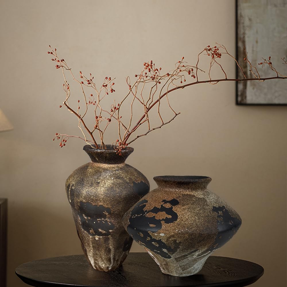 Rustic Ceramic Vase Farmhouse Decor Handmade Distressed Pottery Boho Flower Vase Centerpiece for Dried Pampas Grass, Home & Table Decor Living Room, Kitchen (Brown)