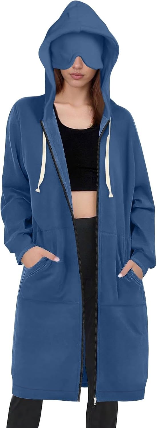 Women's Zip Up Hoodies Causal Long Sweatshirt Coat with Eye Mask Oversized Long Sleeve Hood Jacket for Travel
