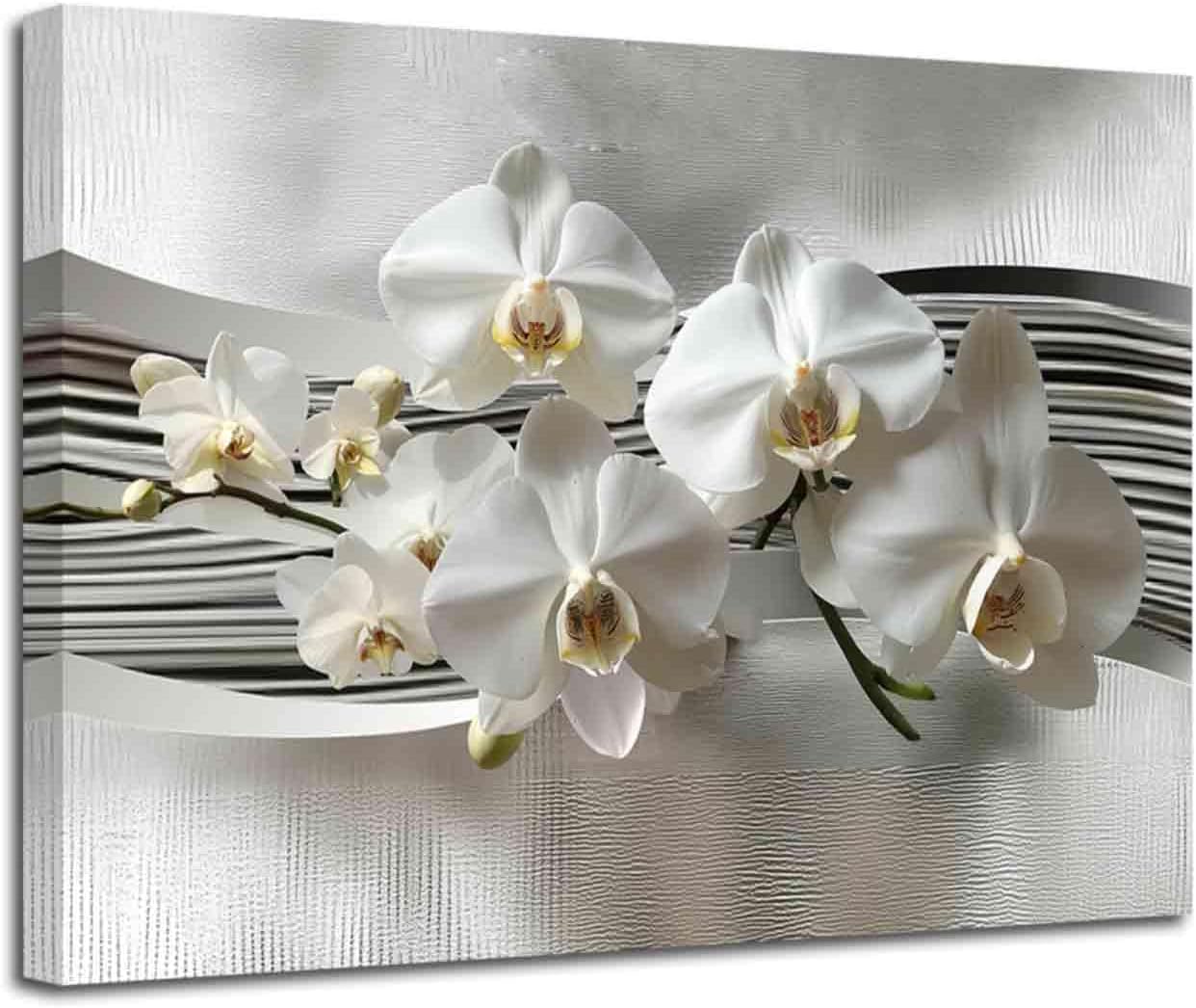 YMXDYMJSW Large Orchid Canvas Wall Art White Orchid Flowers Pictures Print Abstract Floral Painting White and Silver Flower Poster for Living Room Bathroom Decor (Grey, (20L x 30W))