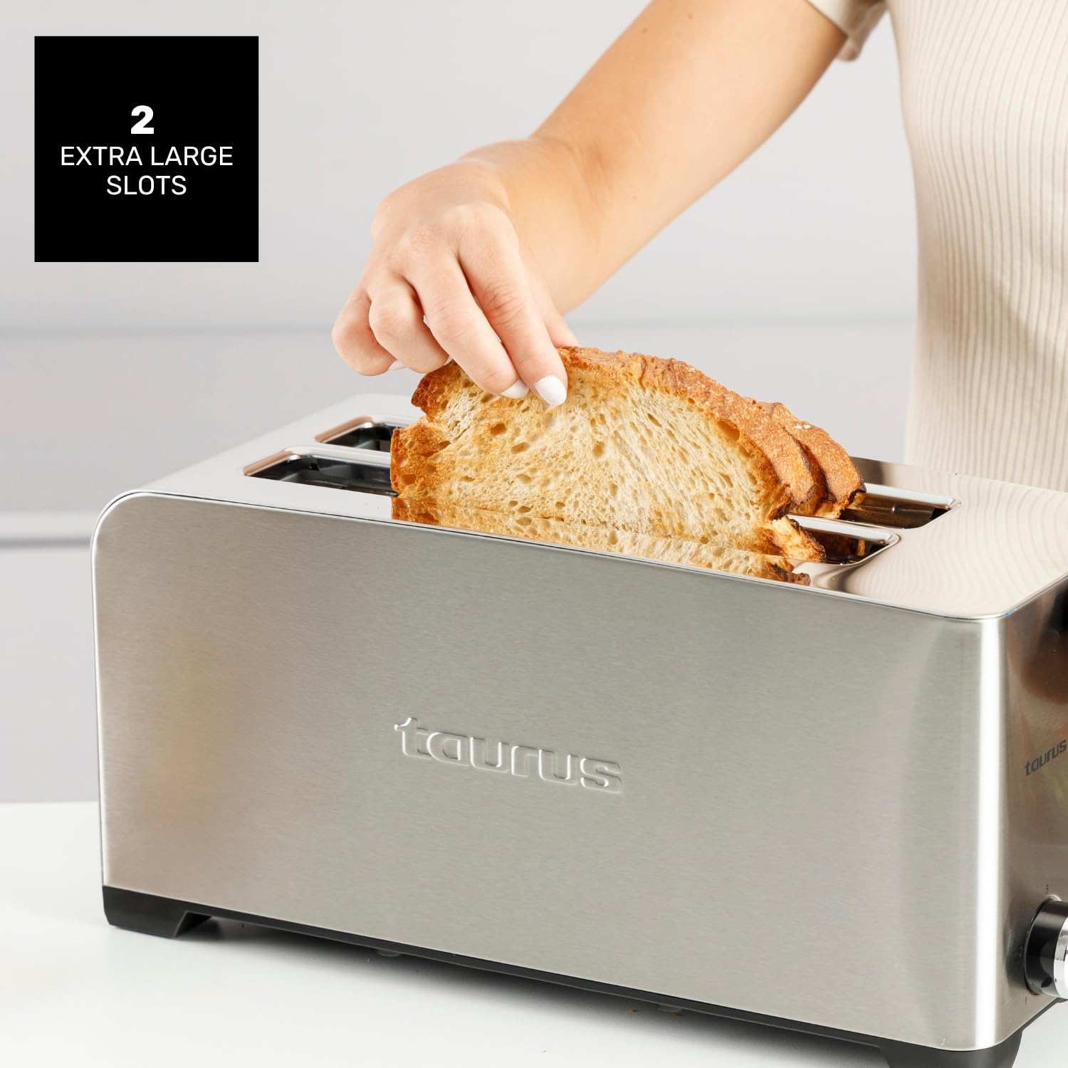 Taurus Mytoast Duplo Legend - Grille-pain 1400W, 2 fentes Extra larges, 3 fonctions, Température ajustable, Ramasse-miettes, Éclairage LED, Inox