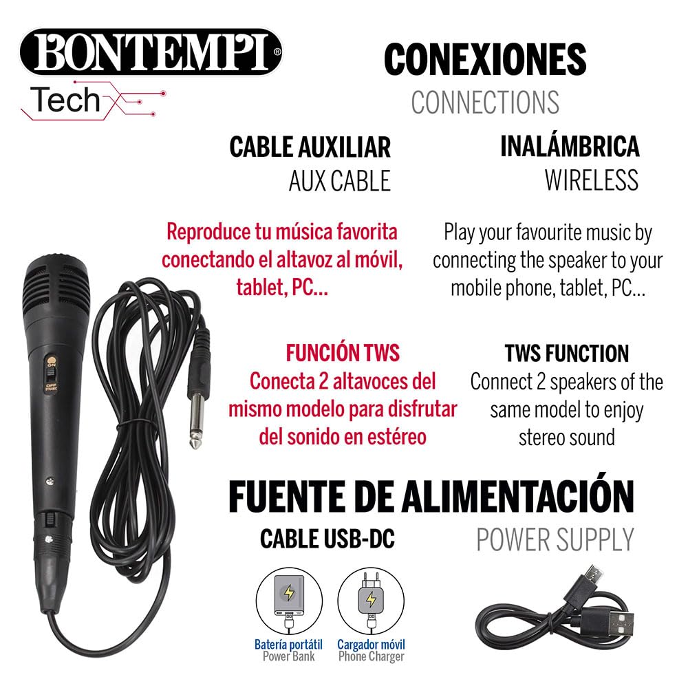 COLORBABY Altavoz Karaoke inalámbrico, 80W de Potencia, Luces RGB, Micrófono Incluido, Función TWS estéreo, USB, microSD, Radio, Batería Recargable, Portátil, para Fiestas y Eventos (47893)
