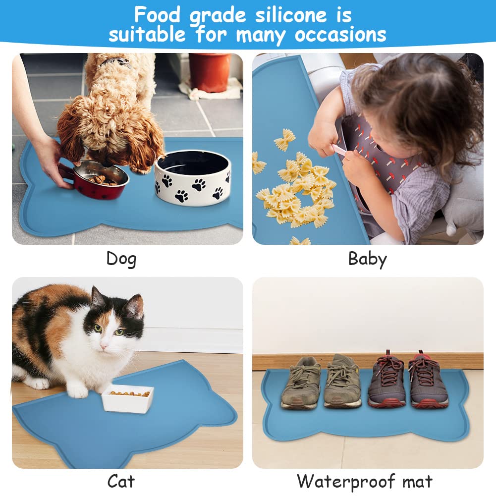 VSSHE Tappetino Ciotola Cani e Gatti in Silicone, 44 x 25 cm Tappetino per Ciotola di Cibo Antiscivolo, Tappetino Sottociotola per Animali Domestici, Evitare Fuoriuscite di Acqua o Cibo (Blu)