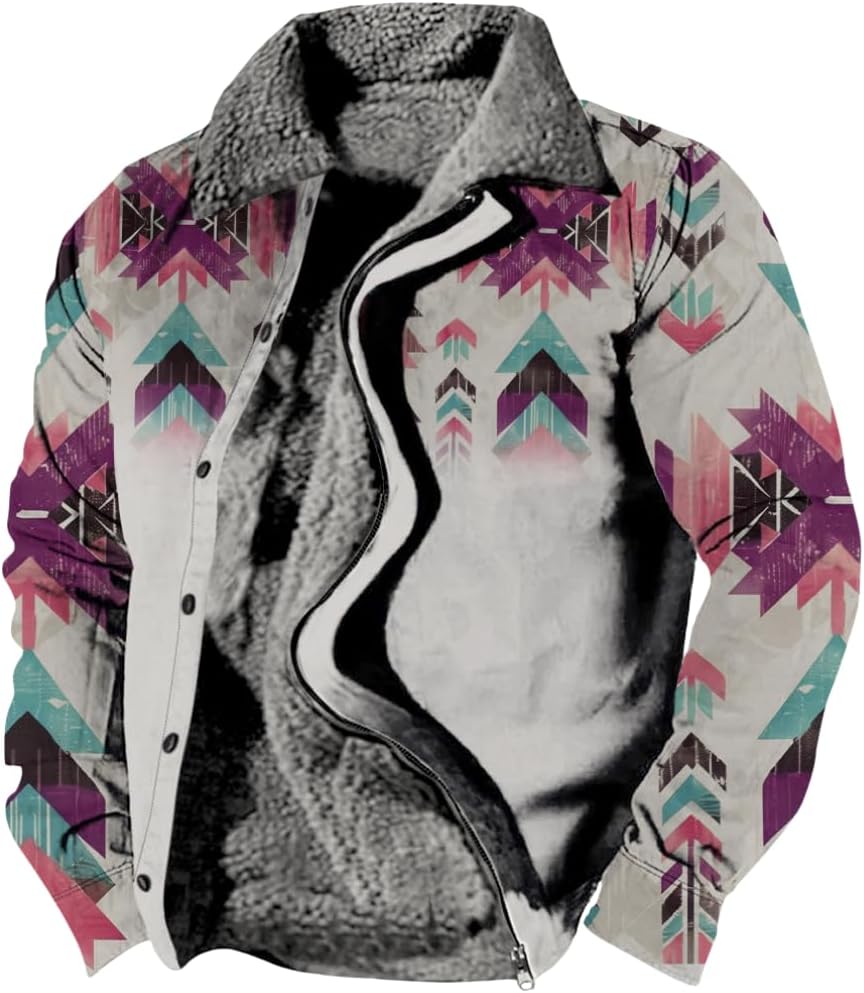 Mens Aztec Fleece Jacket Vintage Ethnic Sherpa Lined Zip up Jacket Fashion Winter Warm Collared Western Coat