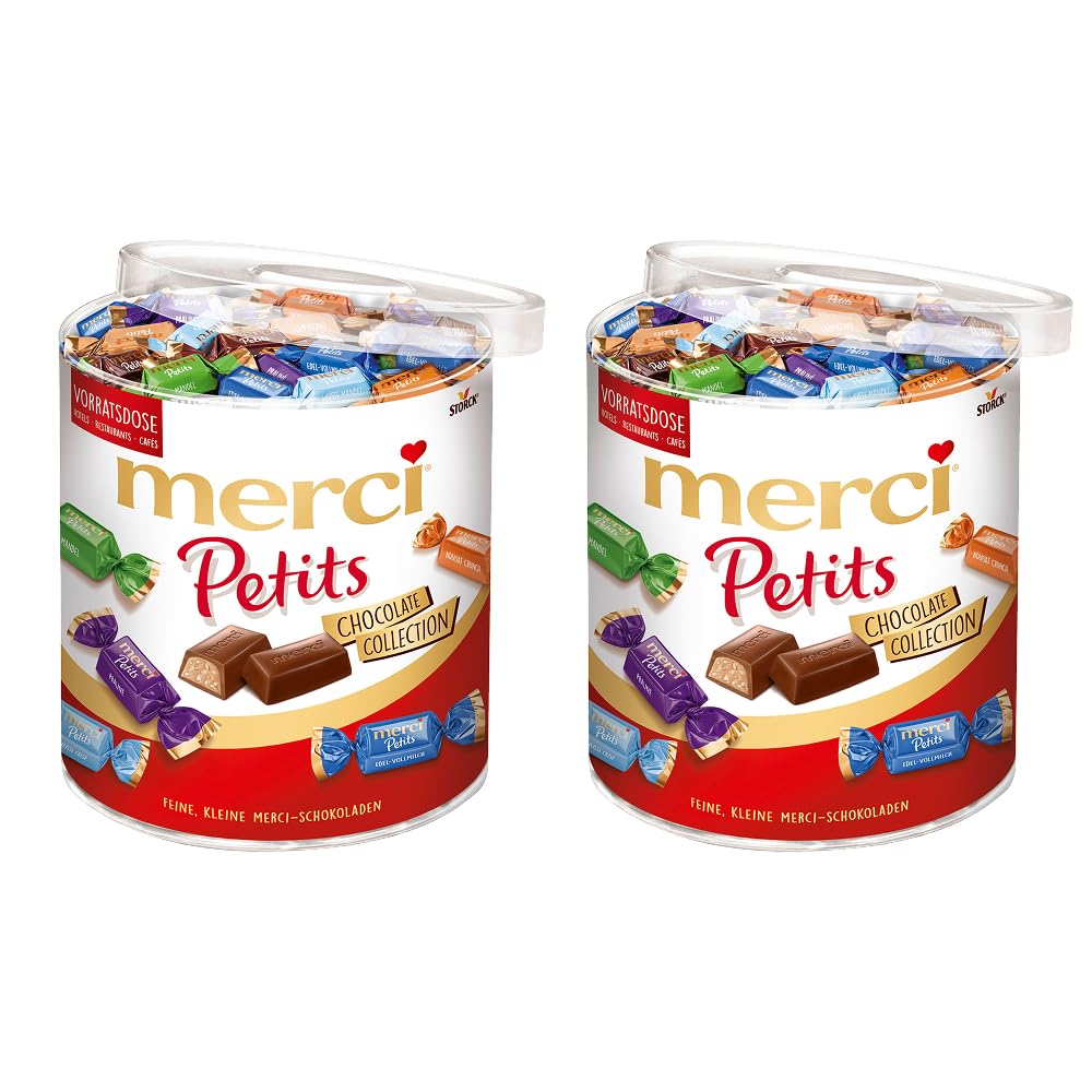 merci Petits Chocolate Collection – 2 x 1000 g (Großpackung) – Pralinen-Mix aus nicht gefüllten und gefüllten Schokoladen-Spezialitäten – Schokopralinen in praktischer Runddose