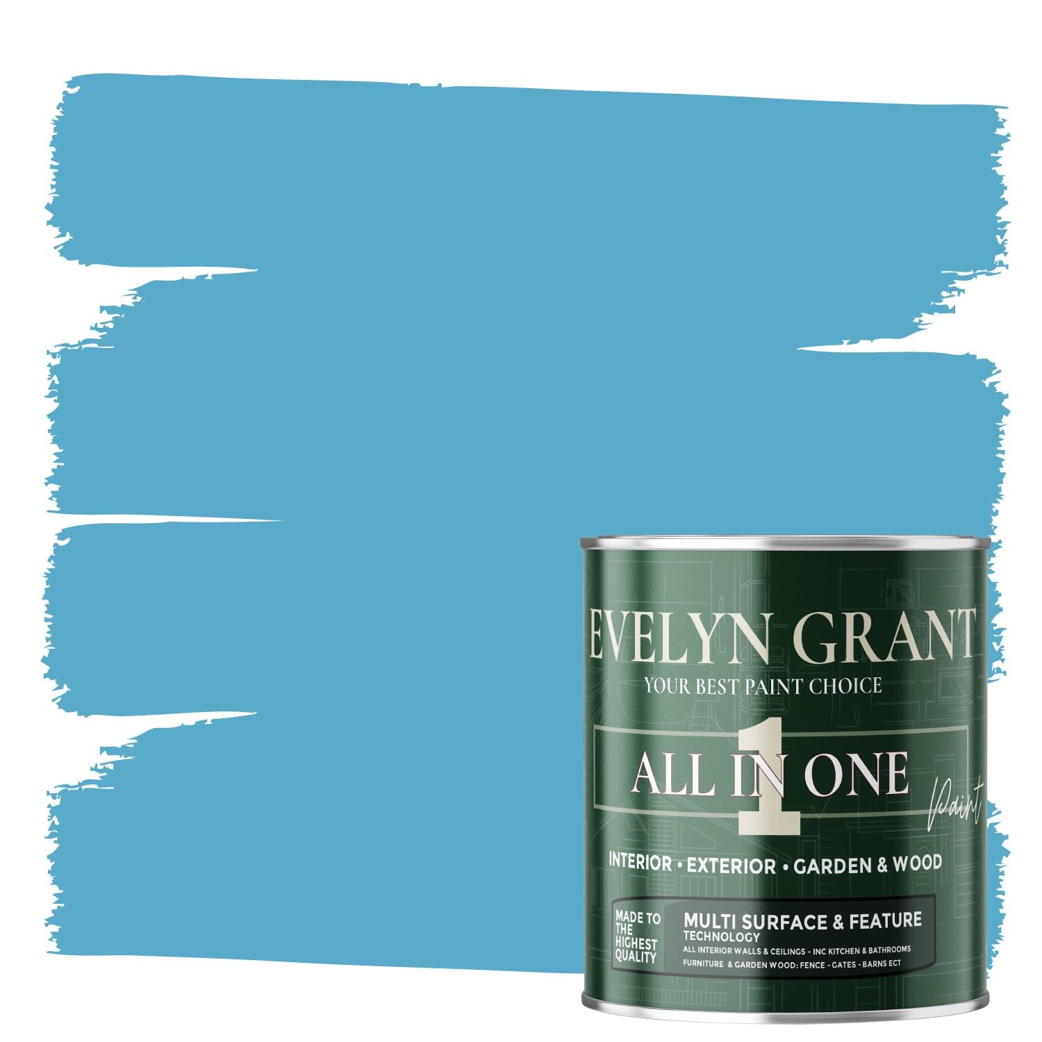 Evelyn Grant All-IN-ONE Paint & Primer - Multi-Surface Paint For Interior Walls, Outdoor Garden & Exterior Walls, Wood Furniture | High Durability Multi-Feature - Swimming Pool Blue - 5L - Matt โ image 1