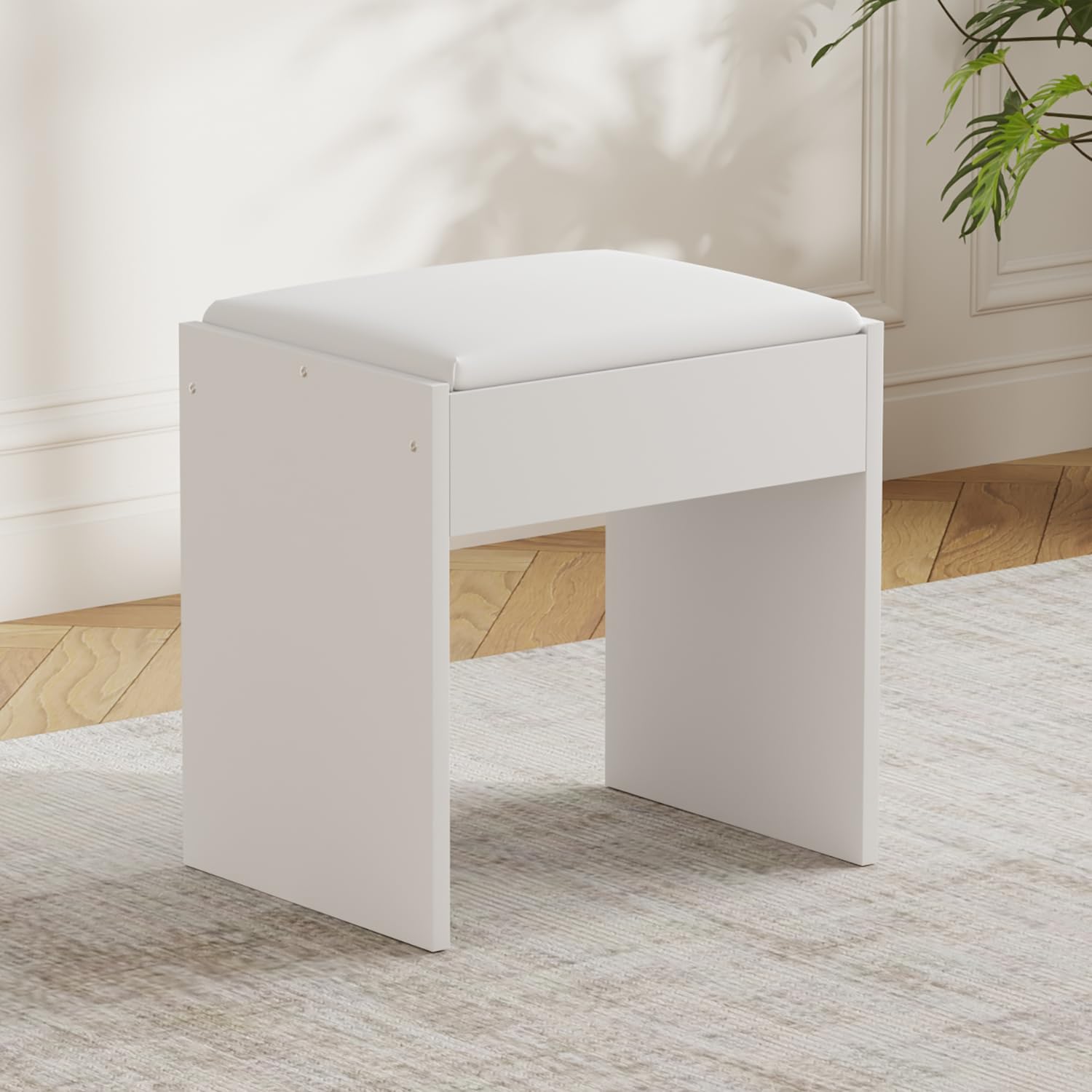 LSBIKE Schminktisch Hocker Dressing Table Hocker, Barockstil Vanity Hocker mit Weichem PU Lederkissen, Robuster Rahmen,Schlafzimmerhocker Stuhl für Make-up, Klavier, Eingang, Schnelle Montage (Weiß)