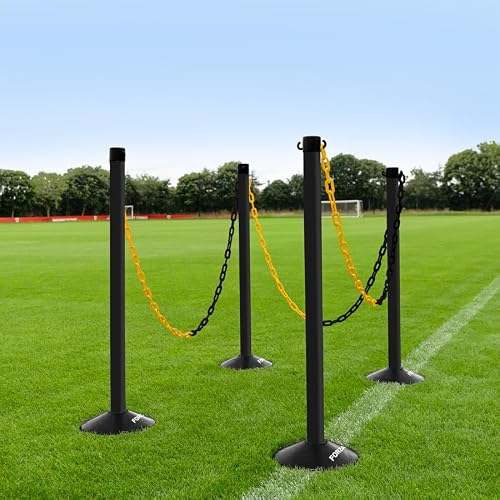 Image of FORZA Freestanding Plastic Post & Chain Barrier Set | Heavy Duty Crowd Control Safety System with Weighted Base for Indoor & Outdoor Use - 6mm or 8mm Thickness (Black Posts & Black/Yellow Chains, 8mm)