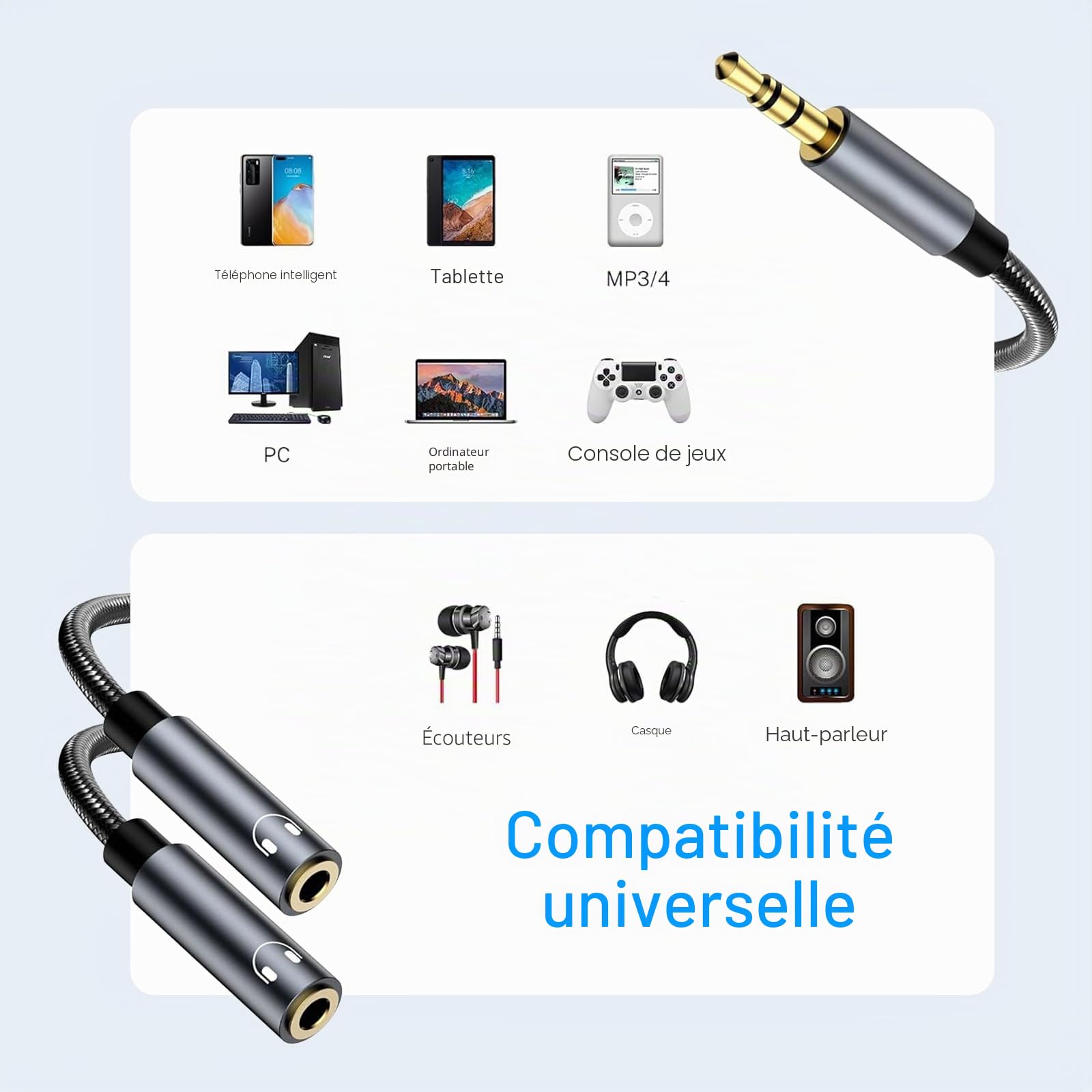 Avigers 3.5mm Splitter Audio Double Headphone Jack Mâle vers 2 Femelle Adaptateur Casque Stéréo Y Splitter