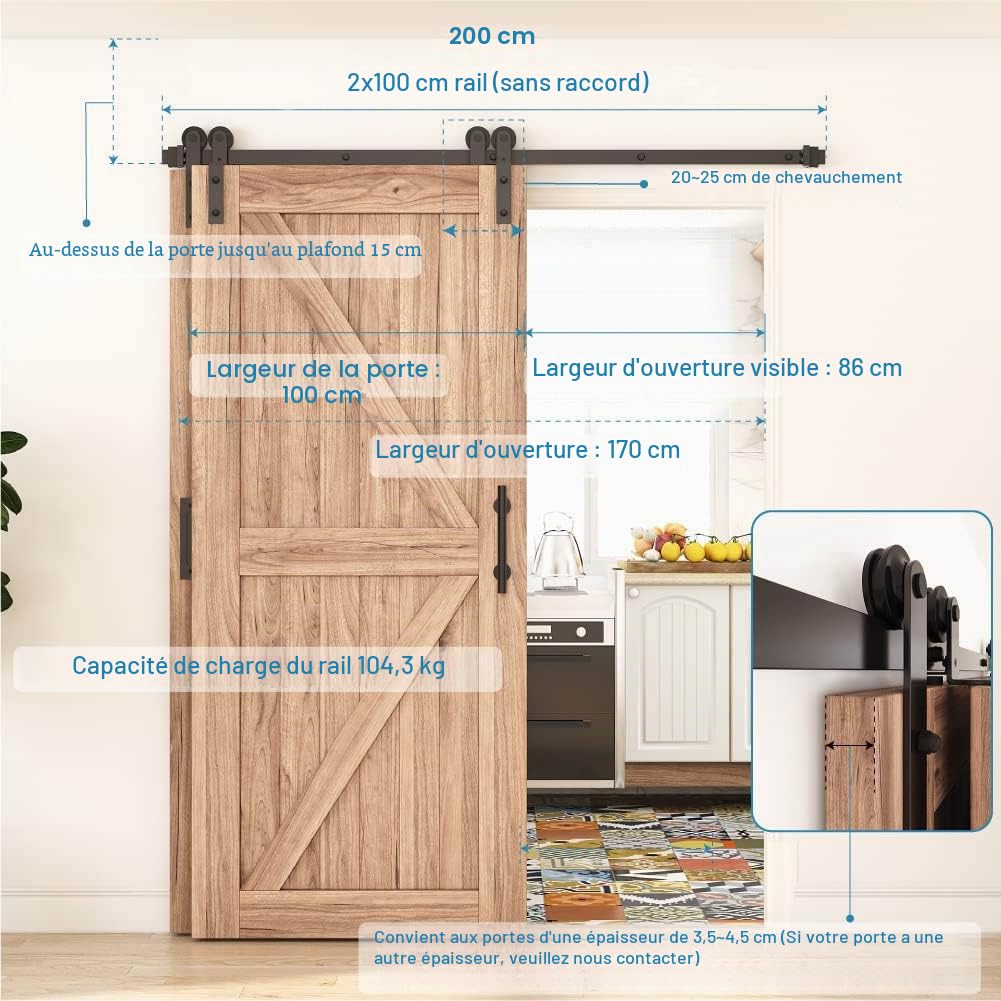 WINSOON Rail Porte Coulissante Systeme 6.6FT/200CM Interieur avec Rail | Bypass Double Portes Interieur Rail, Facile à Installer, Forme J, Sans porte