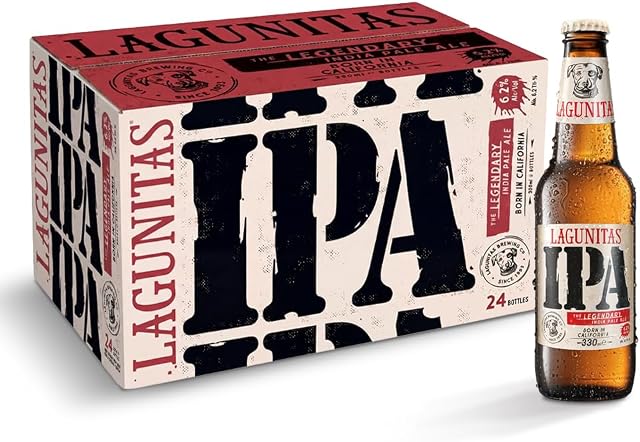 Birra Lagunitas IPA, Cassa con 24 Bottiglie da 33cl, Birra IPA ad Alta Fermentazione, Gusto Connotato da un Mix Pulito di Agrumi Rinfrescanti, Caramello Dolce e un Gradevole Amaro, Gradazione 6,2% Vol