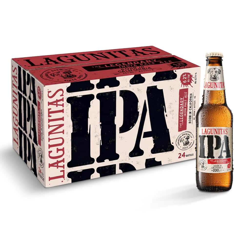 Birra Lagunitas IPA, Cassa con 24 Bottiglie da 33cl, Birra IPA ad Alta Fermentazione, Gusto Connotato da un Mix Pulito di Agrumi Rinfrescanti, Caramello Dolce e un Gradevole Amaro, Gradazione 6,2% Vol