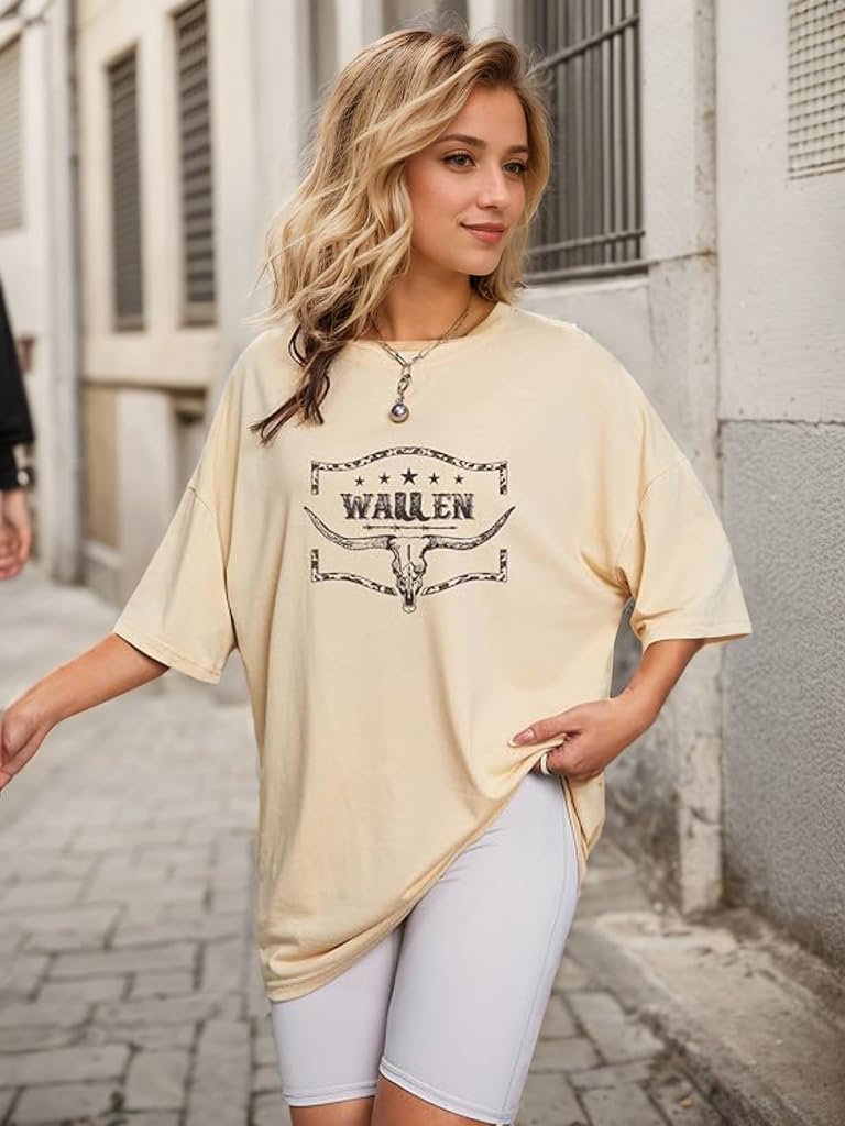 Country Shirts for Women Western Cowgirl Tshirt Oversized Cow Skull Graphic Tees Tops - Image 2