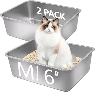 Wideotng 2-Pack Stainless Steel Cat Litter Boxes with High Sides - Rust-Proof, Non-Stick, Easy Clean for Cats, Kittens, Rabbits 17.5x13.5x6in