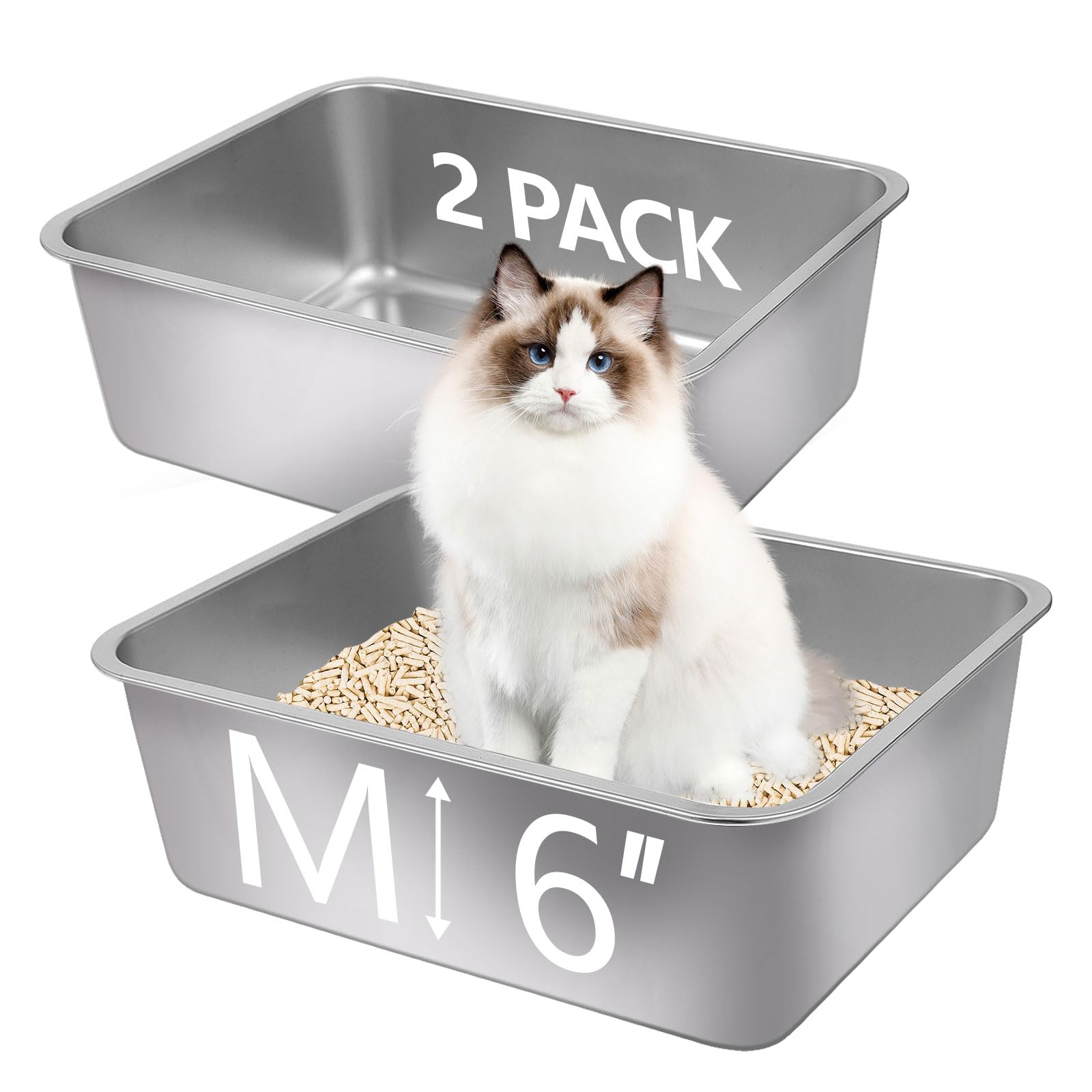 2Pcs Stainless Steel Cat Litter Box, Metal Kitty Litter Box with High Sides, Rust Proof Litter Tray Pan, Pet Toilet for Kitten Rabbit, Non Stick Non Odor, Easy to Clean, 17.5 x 13.5 x 6 in