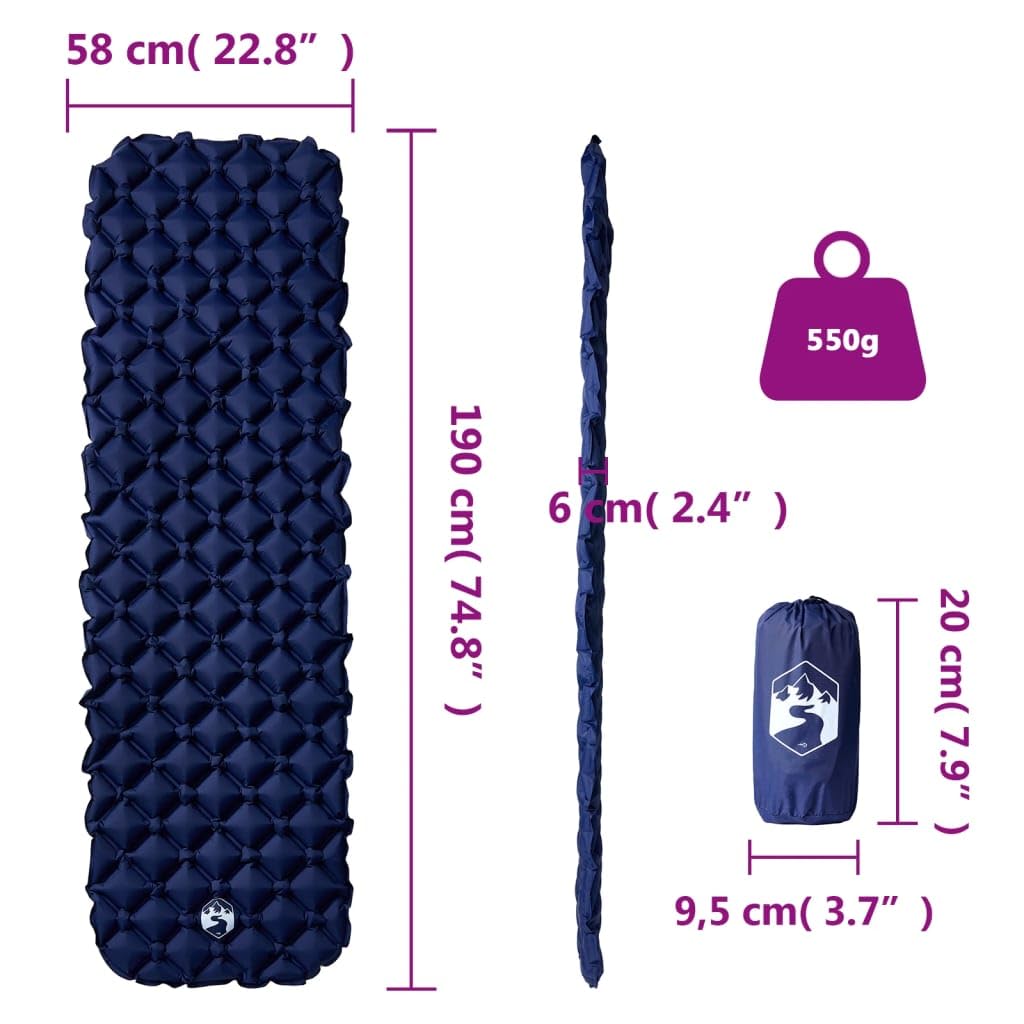 Nadmuchiwana karimata granatowa, 190 x 58 x 6 cm, wykonana z nylonu 40D z powłoką TPU, kompaktowa 550 g, dla 1 osoby, na kemping, wędrówki, trekking i podróż