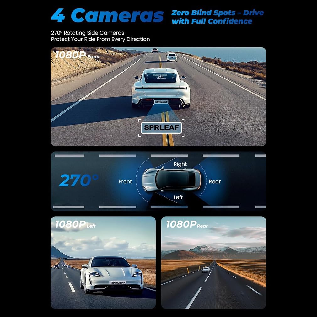 Dash Cam a 4 canali per auto, telecamere anteriori interne laterali e posteriori, visione notturna 4 telecamere HD 1080p, modalità parcheggio radar, app WiFi protezione panoramica WDR a 360 gradi