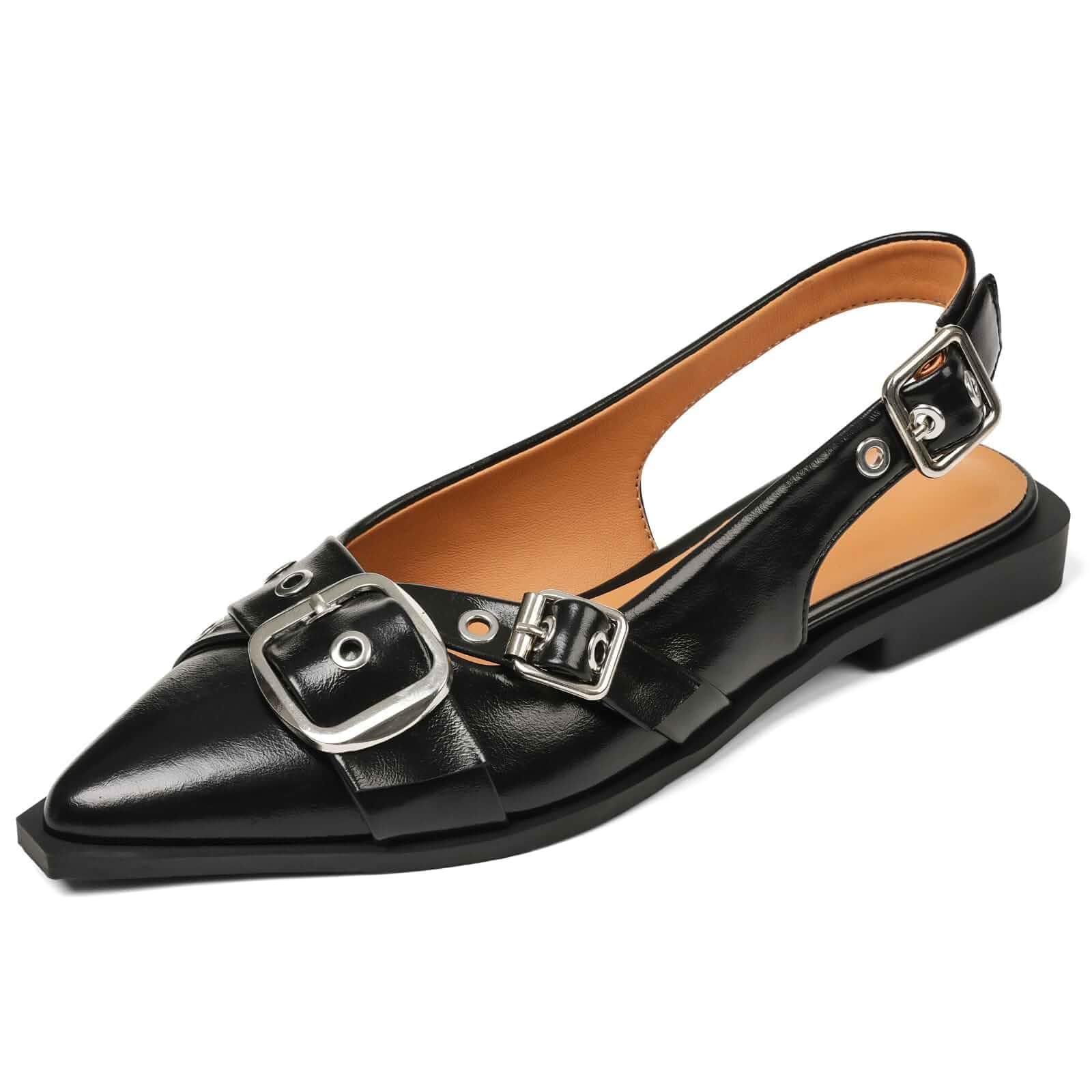 Kalstage Women's Slingback Flats Closed Pointed Toe Low Heel Dress Flat Shoes Buckle Patent Leather Ballet Flats for Women Comfortable Work