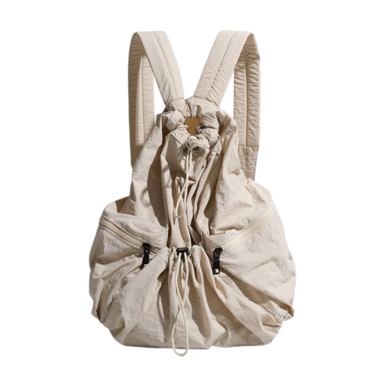 Drawstring Backpack Casual Portable Trendy Gym Bag for Adults Hiking Camping Beige-image-0