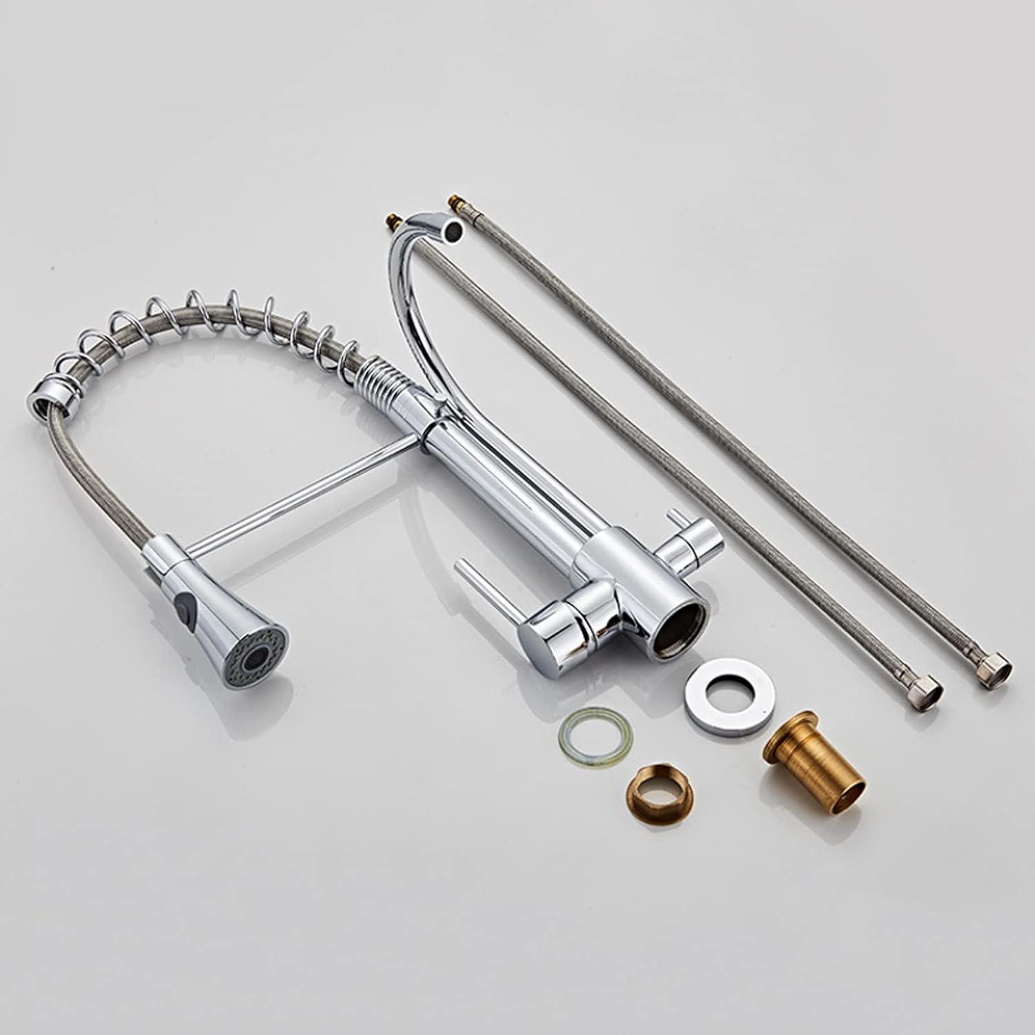 Deck Mount Spring Kitchen Faucet with Pull Down Sprayer, Water Purifier Three-in-One Pull-Out Kitchen Sink Faucet, Brass Single Handle Mixer Tap, Chrome