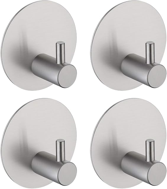 Amazon Brand - Eono Wall Hooks Self Adhesive Coat Robe Hook Bathroom Lavatory Hanger Brushed SUS 304 Stainless Steel 4 Pieces