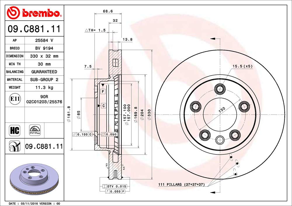 Brembo 09.C881.11 - Disco Freno con Verniciatura UV (Set di 1) - Anteriore