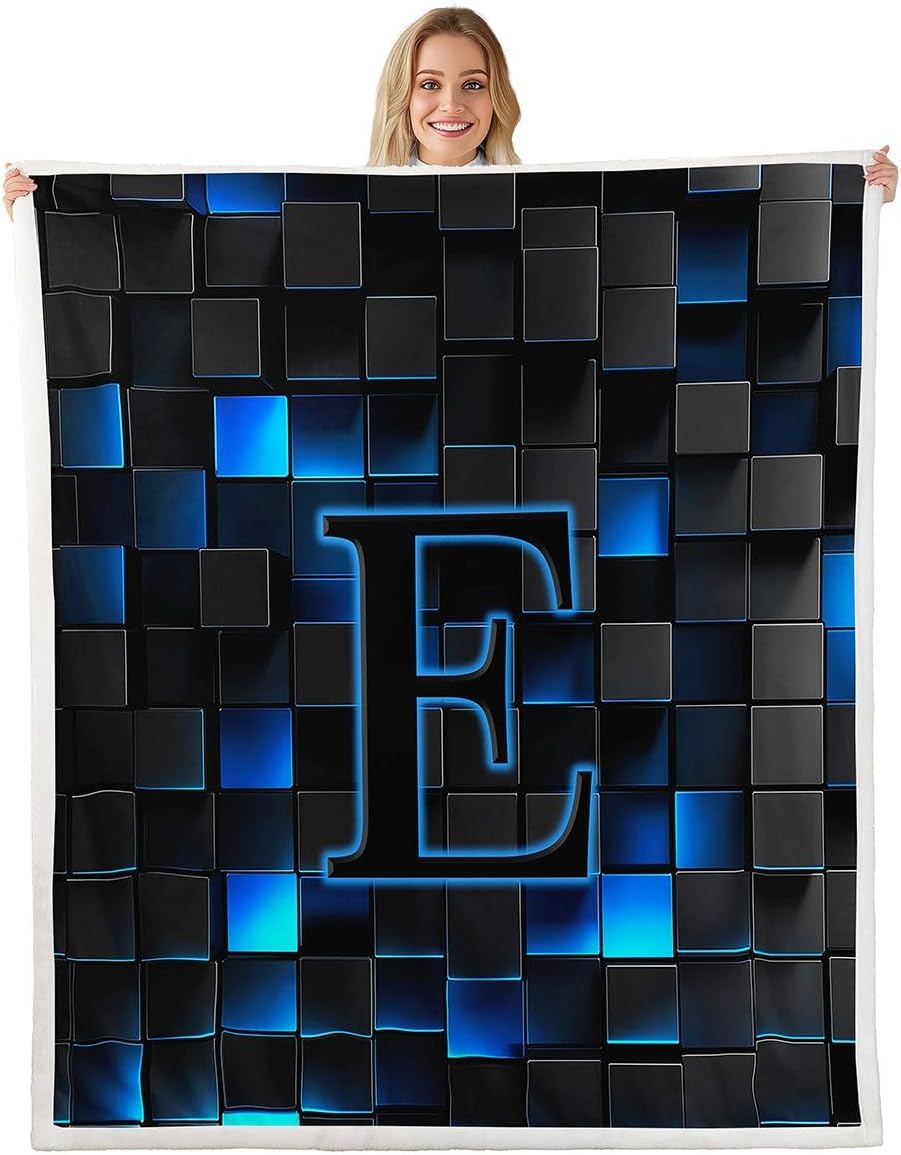 Erosebridal Black Navy Royal Blue Fleece Throw Blanket for Kids Girls Boys Monogrammed Sherpa Blanket Baby Size,Stereoscopic Geometric Checkered Fuzzy Plush Blue Gaming Initial E Toddler Blankets