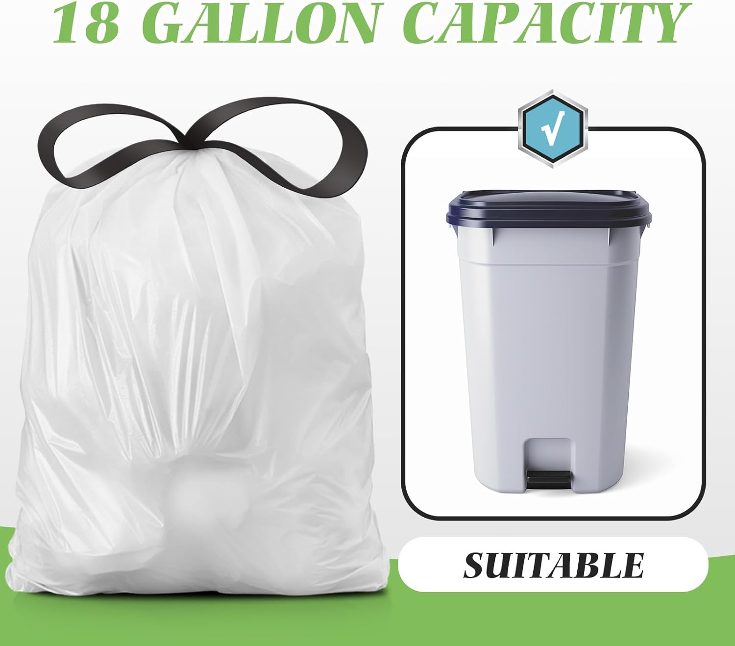 18 Gallon 120 Counts Strong Drawstring Trash Bags Garbage Bags by Teivio, Bathroom Trash Can Bin Liners, Plastic Bags for home office kitchen, White