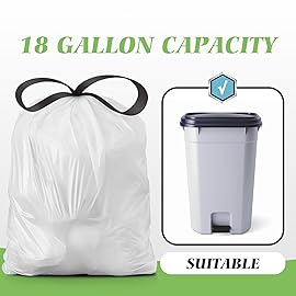 Drawstring Trash Bags-18 Gallon 120 Counts (fit 16-18 Gal) Large Strong Tall Kitchen Trash Bags by Teivio Garbage Bags for Home/Office/Light Residential Waste/Outdoor Trash Can, Lawn Bag White