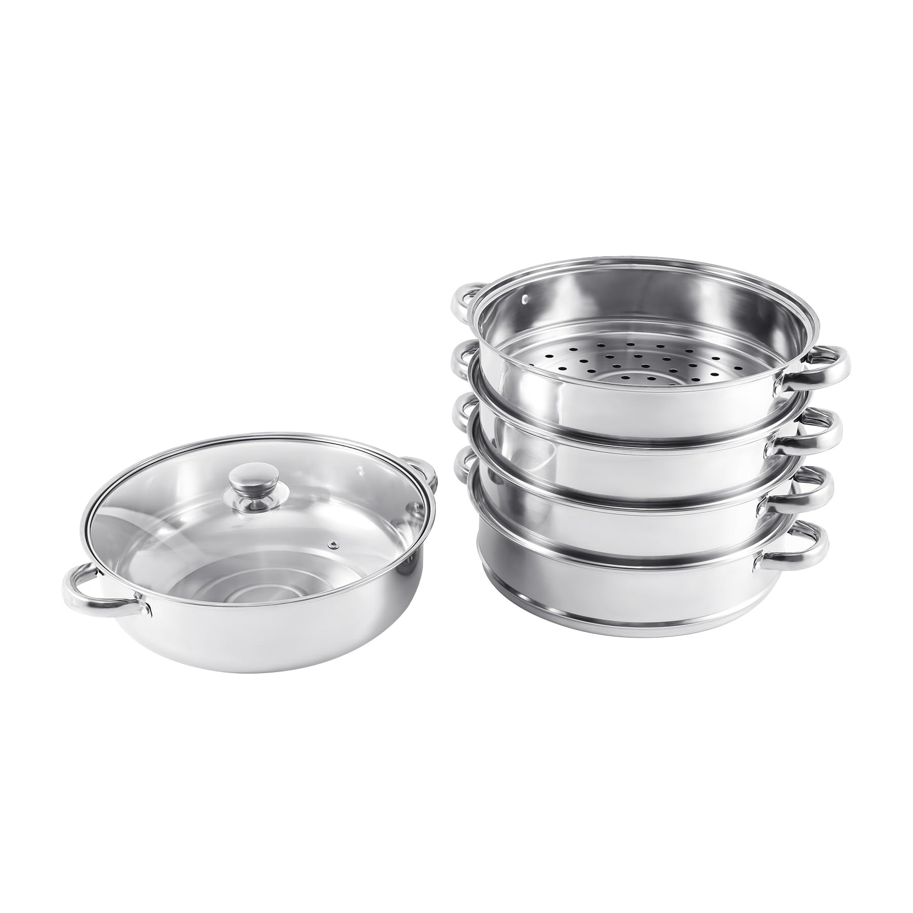 Cocido al vapor de acero inoxidable con tapa de cristal, 5 pisos 30cm, utensilios de cocina, cacerola, placa de inducción, vaporizador para albóndigas