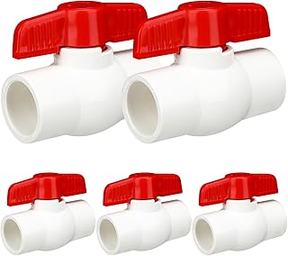 Hiboom PVC Ball Valve SCH40 Shut off Valve with Red T Handle Water Valve for Cold Water Supply Lines, Irrigation Pipe Fitting System, Socket x Socket, Schedule 40 x Solvent (5 Pcs, 1 Inch)