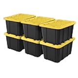 6-Pack 27-Gallon Heavy Duty Storage Bins, Stackable Plastic Container with Snap Lid, Organizer Tote for Garage, Attic, Closet, Basement, Truck Bed - Black and Yellow