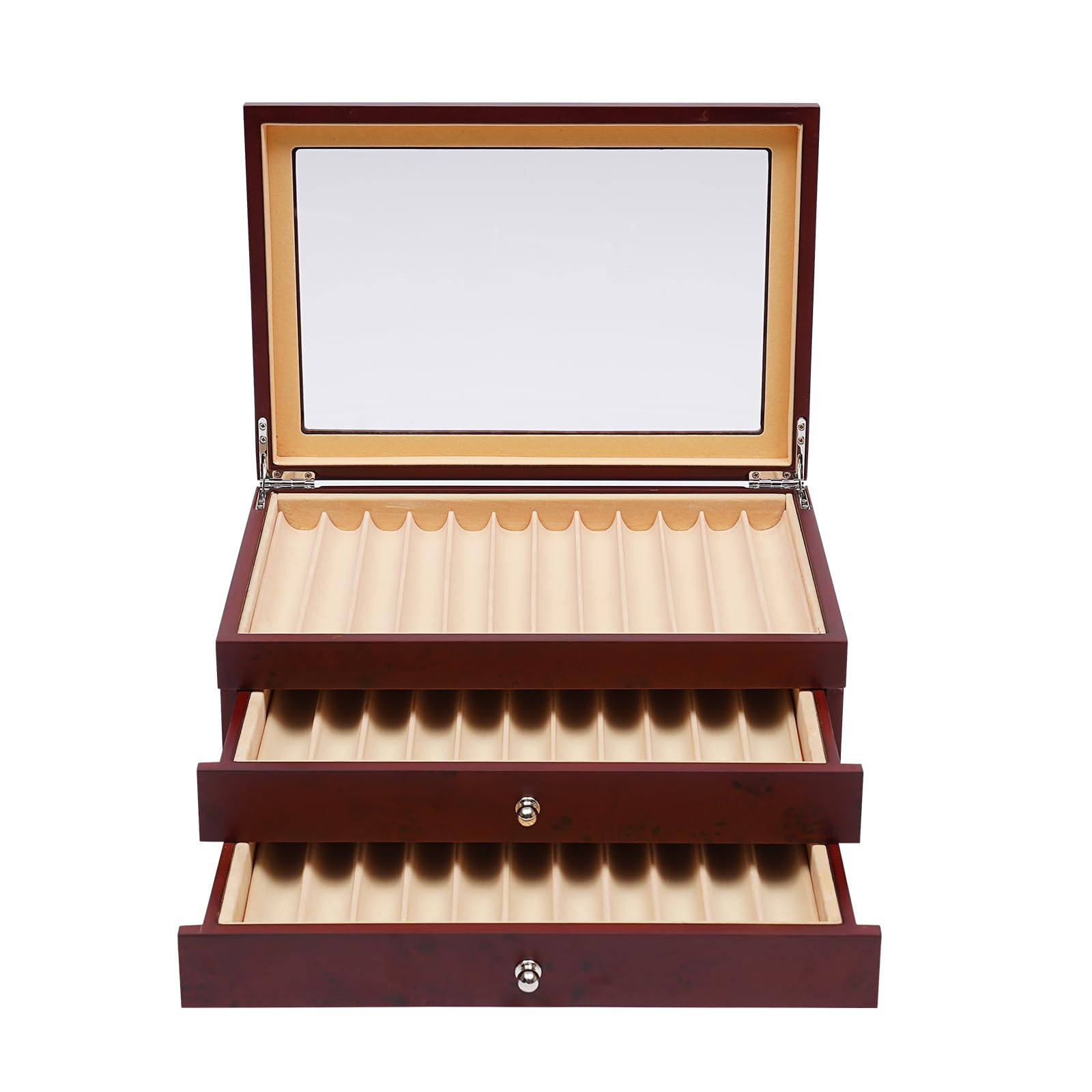 34 slot portapenne, scatola per display con parte superiore trasparente, vetrina a tre livelli, contenitore portapenne, scatola portaoggetti, in legno, 31 x 21 x 12,5 cm, rosso