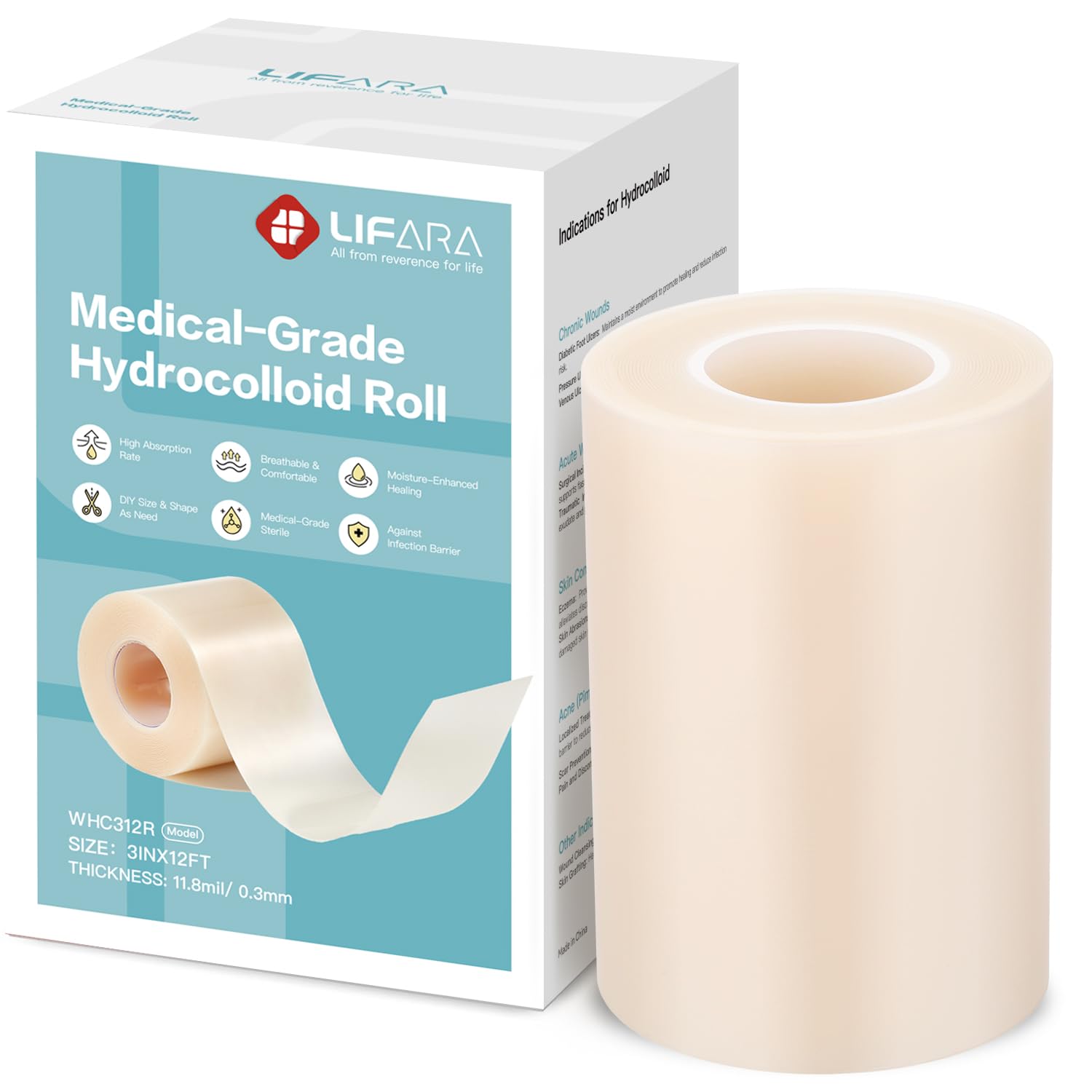 LIFARA Hydrocolloid Roll for Wound Care - Cut-to-Size, Hydrocolloid Patch Bandages with Self-Adhesive, Ultra Absorbent &amp; Waterproof, First Aid Kit Essential (11.8mil/ 0.3mm Thickness, 3in*12ft)