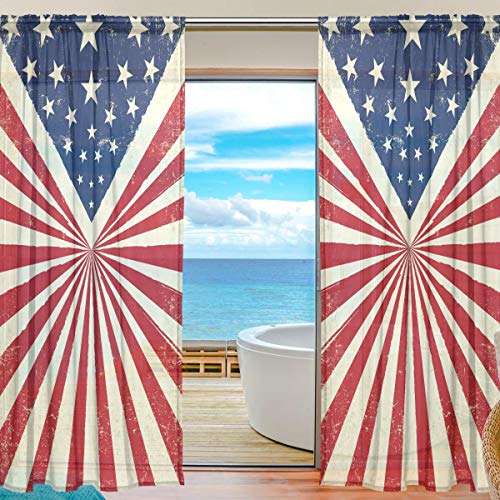 BKEOY Rideaux Voilage Voilage Voilage Drapeaux USA Rayures Étoiles Drapeau Vintage pour Maison Salon Chambre Porte Cuisine 139,7 x 198,1 cm 2 Panneaux,...