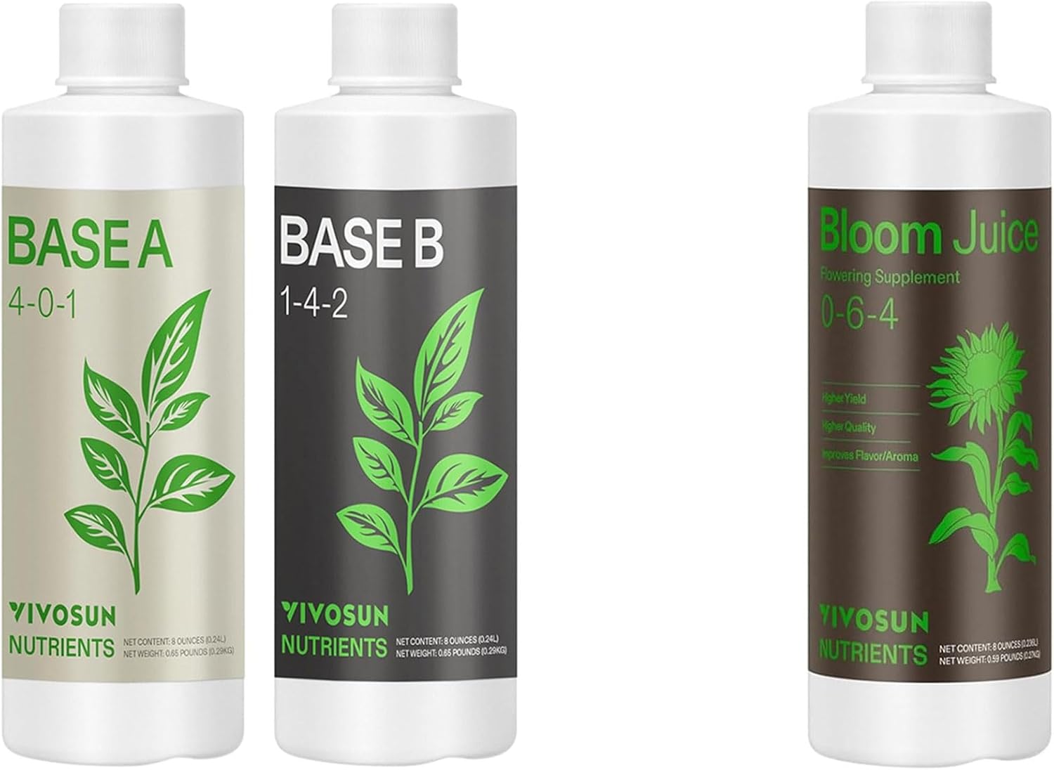 VIVOSUN Plant Food Nutrients Base A(4-0-1) & B(1-4-2) Bundle and Bloom Juice (0-6-4), Flowering Supplement Liquid Fertilizer for Flowering Stage, Concentrated Plant Food for All Flowering Plants