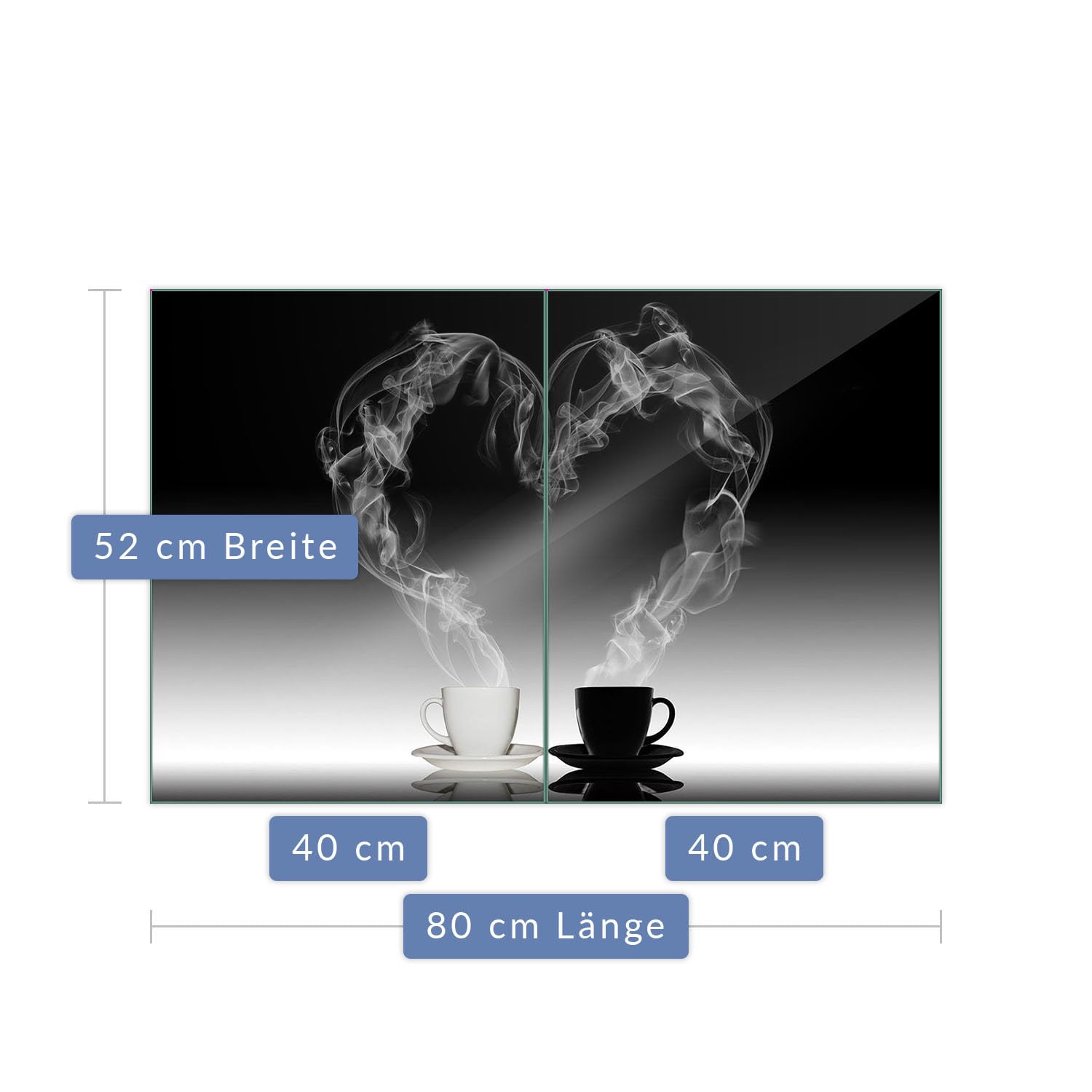 Herdabdeckplatte Abdeckung Ceranfeld Abdeckplatte Schneidebrett 2-Teilig 80x52 Herz Kaffee Schwarz Spritzschutz Glasplatte Ceranfeldabdeckung Herdschutz Sicherheitsglas Glasschneidebrett 2x40x52