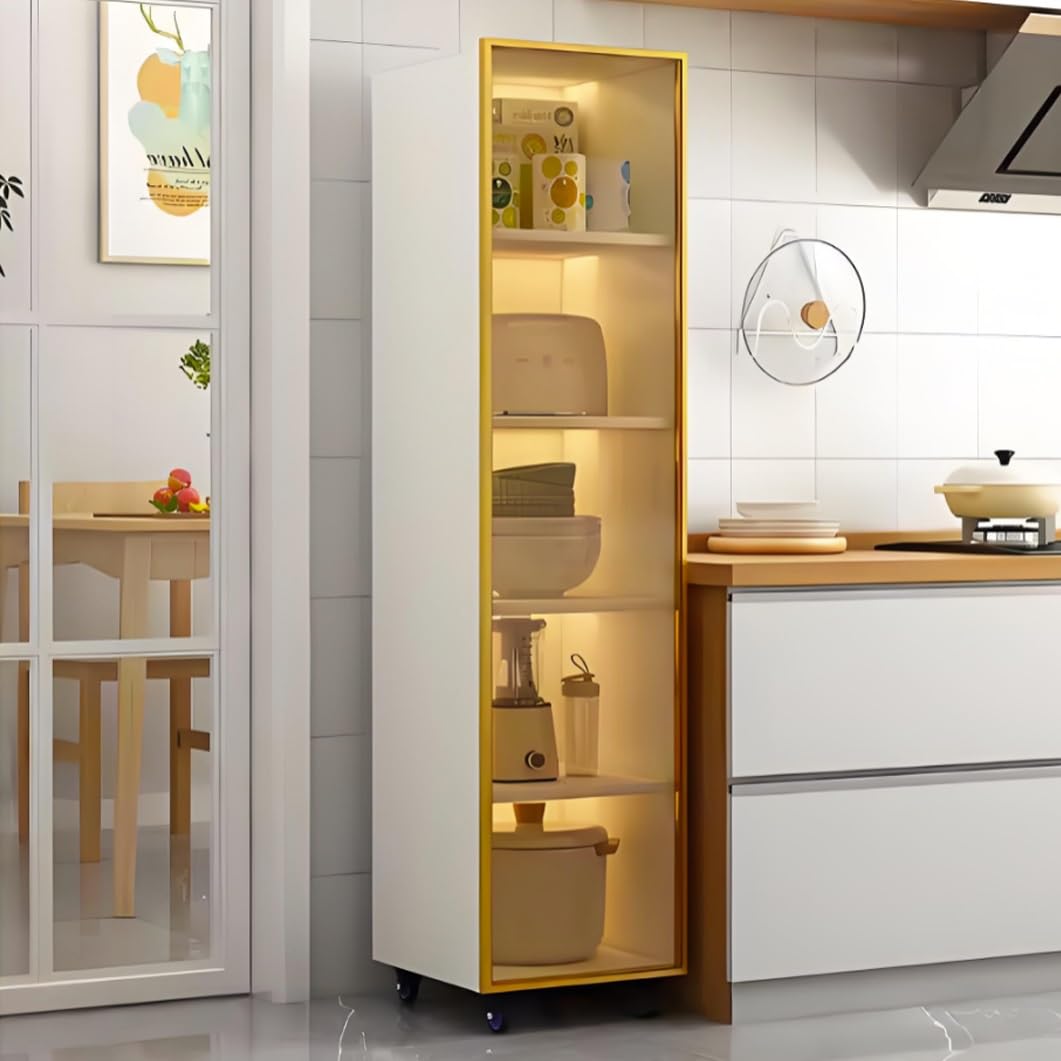 YVYKFZD Slim Storage Cart, Narrow Storage Cabinet, Rolling Utility Carts with Wheels and Tempered Glass Doors, Mobile Kitchen Cart, Bathroom Organizer, No Lighting(White+B,5 Tier 15.7"x15.7"x66.9")