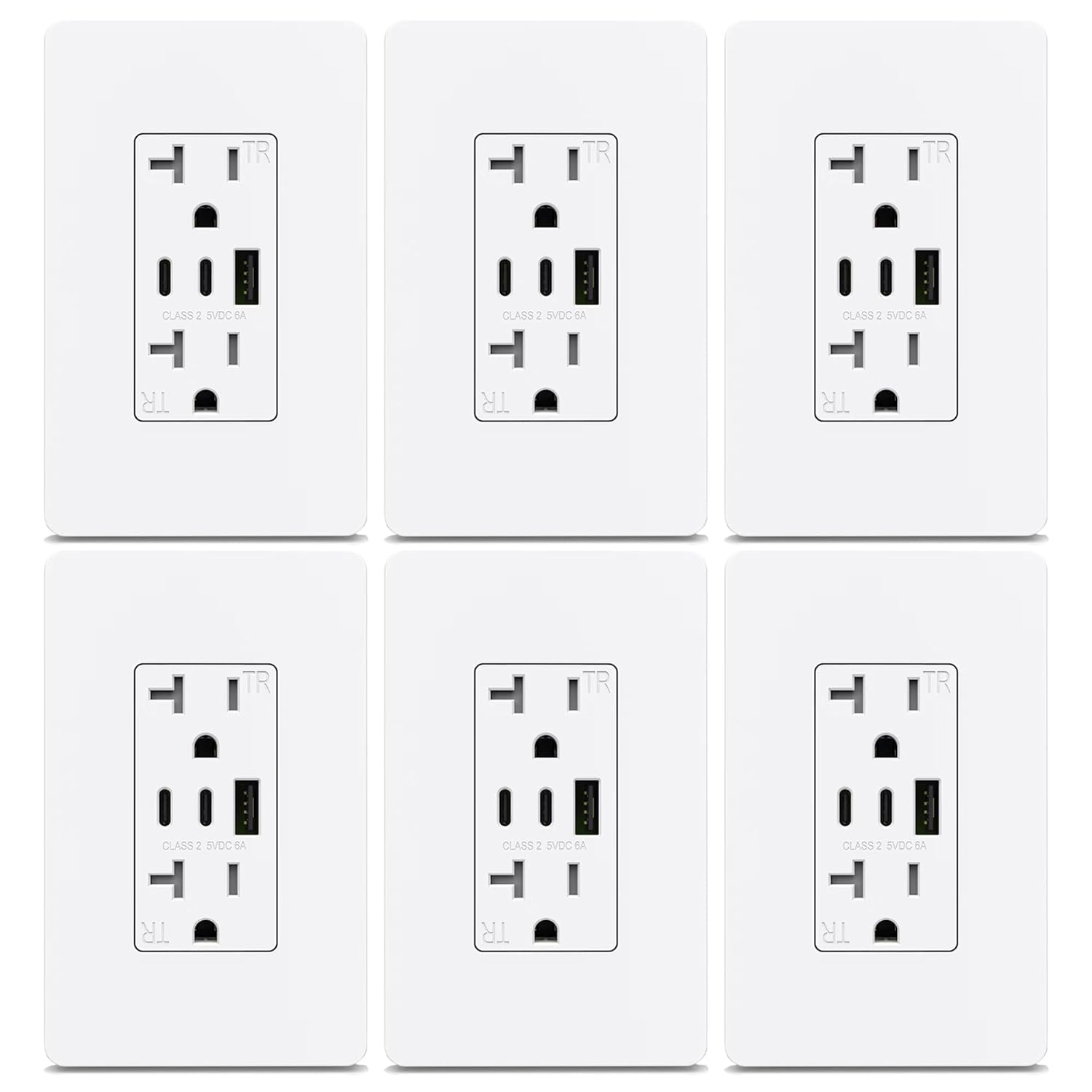 ThunderWay 3-Port USB C Wall Outlet- 20 Amp Tamper-Resistant Outlet with USB C Ports, 30W 6.0A USB Electrical Outlet, ETL Listed, Screwless Wall Plate Included, 6 Pack