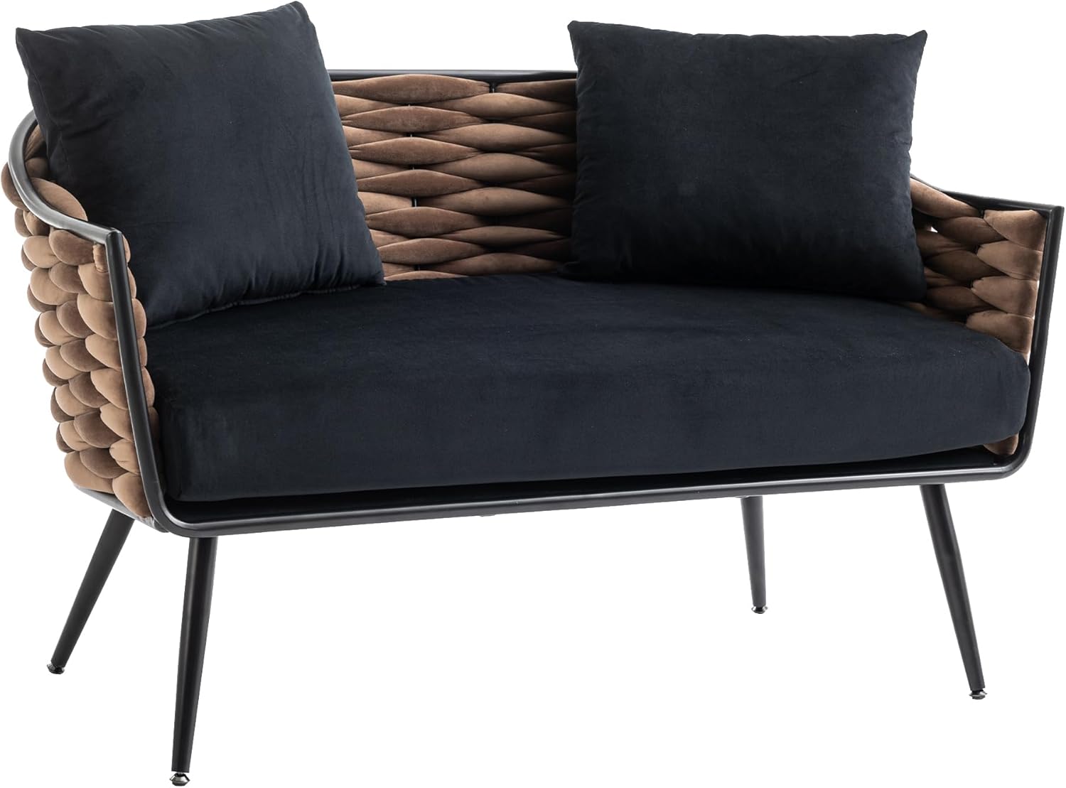 Wide Accent Chair Velvet Loveseat for Living Room, Modern Upholstered Armsofa Tufted Sofa with Gold Legs, Special Woven Back Leisure Sofa for Bedroom Office Balcony (Black)