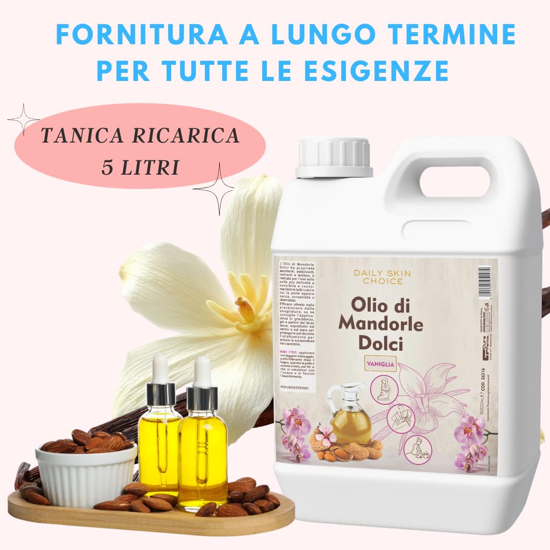Olio di Mandorle Dolci al Profumo di vaniglia 5 L – Olio Corpo Emolliente e Nutriente per Massaggi, Post-Doccia e Post-Ceretta – Formato Professionale