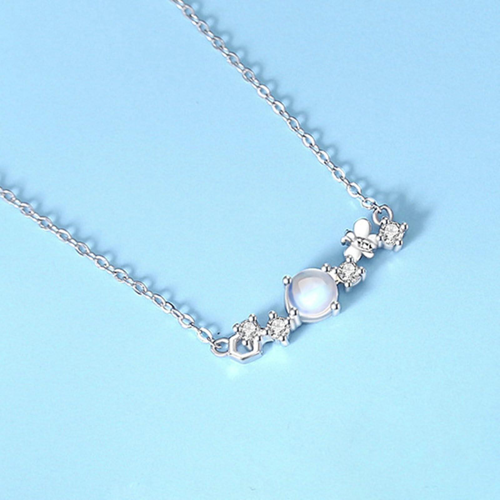 Collar con colgante para mujer de oro blanco 750 585 375, colgante de piedra de luna y abeja con diamante de oro blanco, cadena para mujer, 45 cm, sin níquel