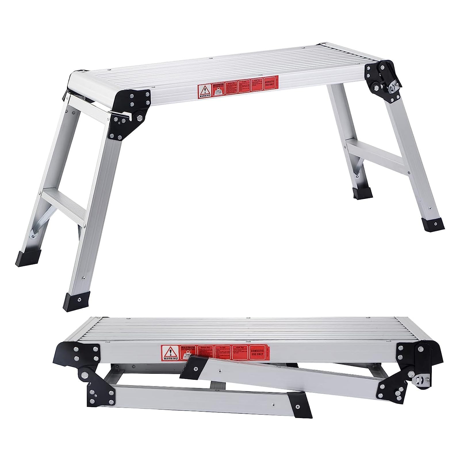 FANTASK Plateforme de Travail Pliable en Aluminium avec serrures de sécurité, marchepied - Capacité de Charge de 150 kg - avec Tapis antidérapants - Escabeau pour Atelier, Maison, Bureau et Garage