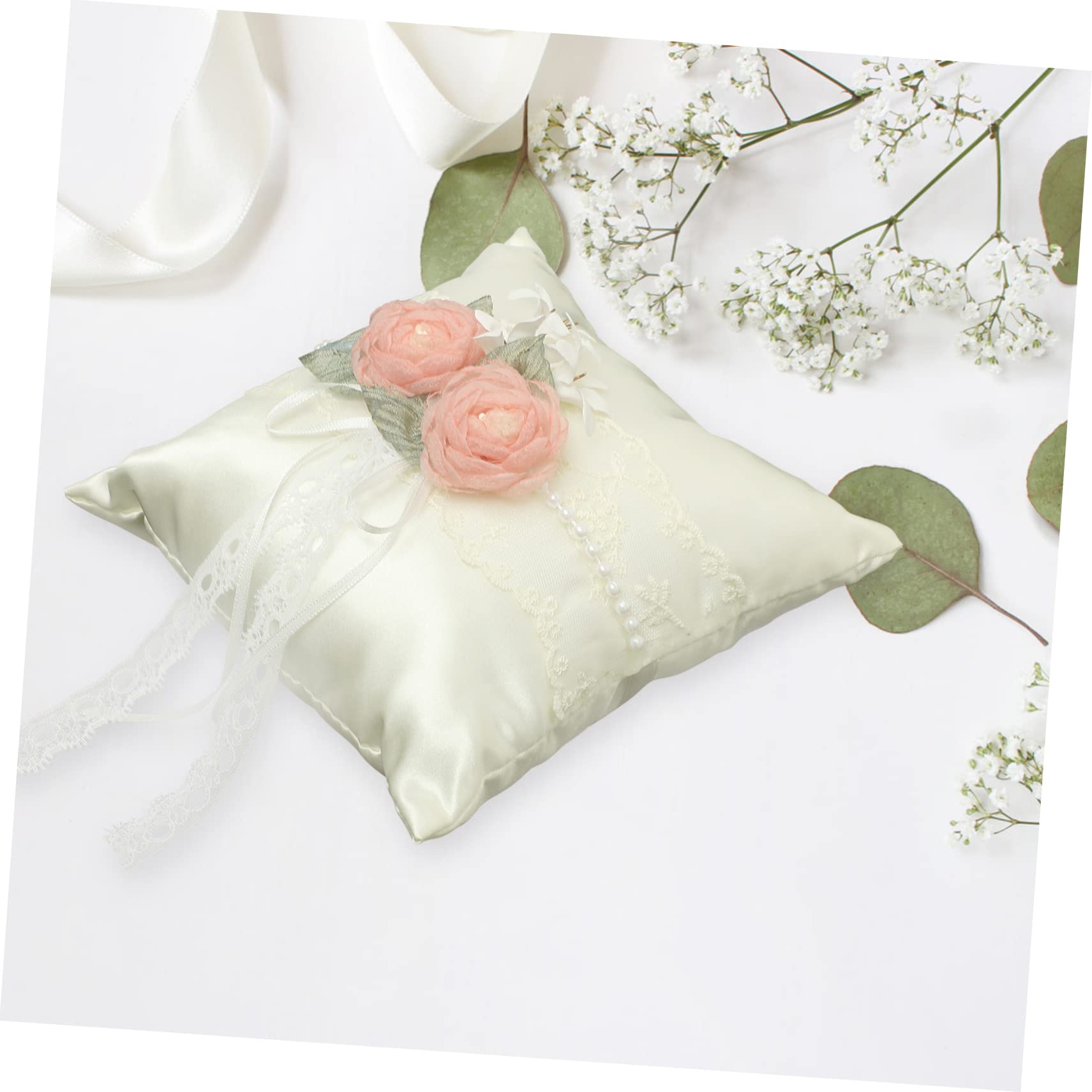 Abaodam 4pièces Coussin Alliance Blanc avec Fleurs Décoratives Oreiller De Mariage Élégant pour Porte-Alliance Et Fiançailles