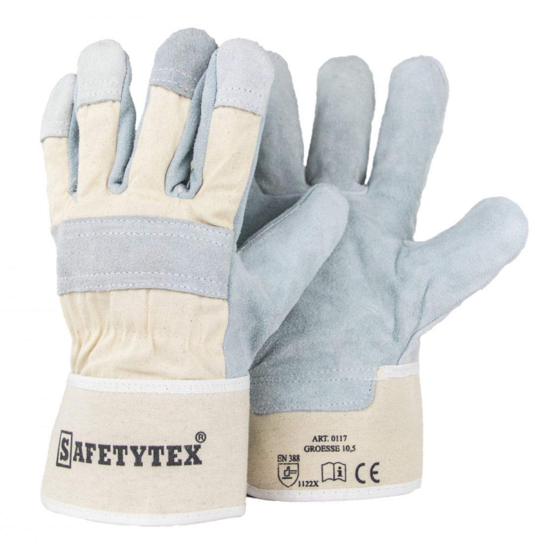 Safetytex Leder Arbeitshandschuhe - Rindspaltleder Handschuhe - Profi Rindspalt Handschuhe mit Canvas Stulpe - Verstärkte Fingerkuppen & Knöchelschutz - Größe 10,5 - Menge wählbar (60 Paar)