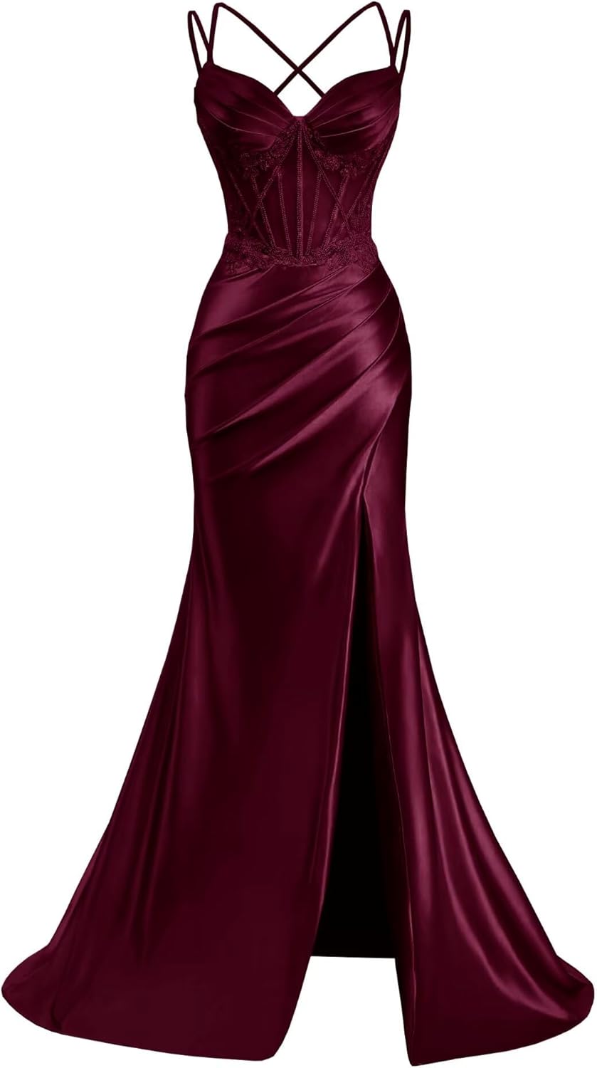 Satin Mermaid Prom Dresses with Slit Beaded Lace Appliques Spaghetti Strap Formal Gowns with Slit