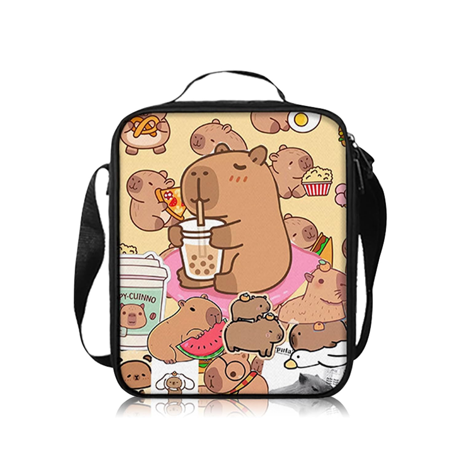 Capybara Lunchtasche Kinder, Wasserschwein Lunch Bag mit Verstellbare Schultergurte und Seitentaschen, Lunch Tasche Kinder Lunchbox Tasche Lunchbag Damen für Schule, Reisen, Arbeit, Picknick
