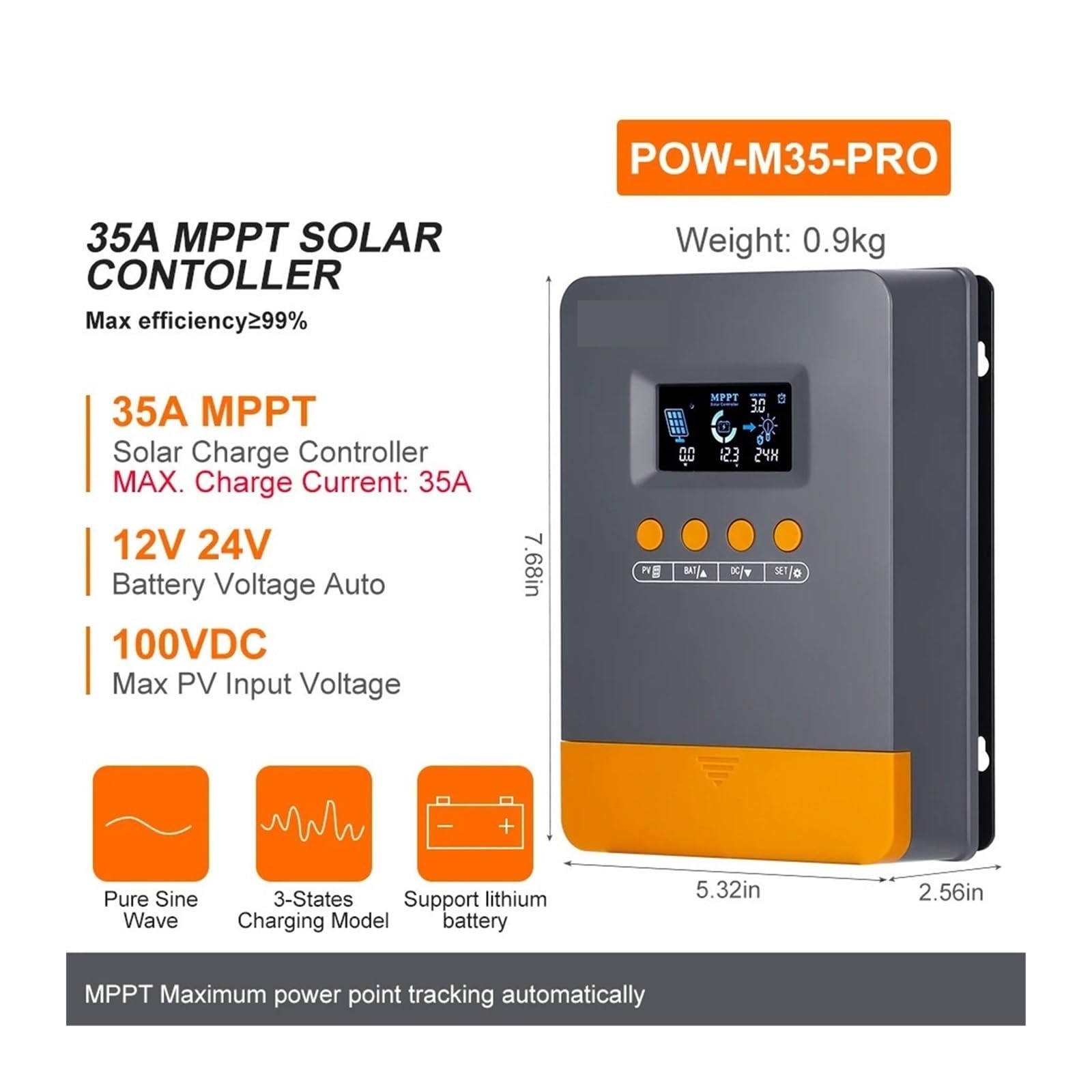 Kontroler ładowania słonecznego, 25A 35A 45A MPPT Regulator Ładowania Słonecznego 12V 24V Auto 100V Panel Inteligentny Regulator-akumulator Kwasowy/litowy(MPPT 35A)