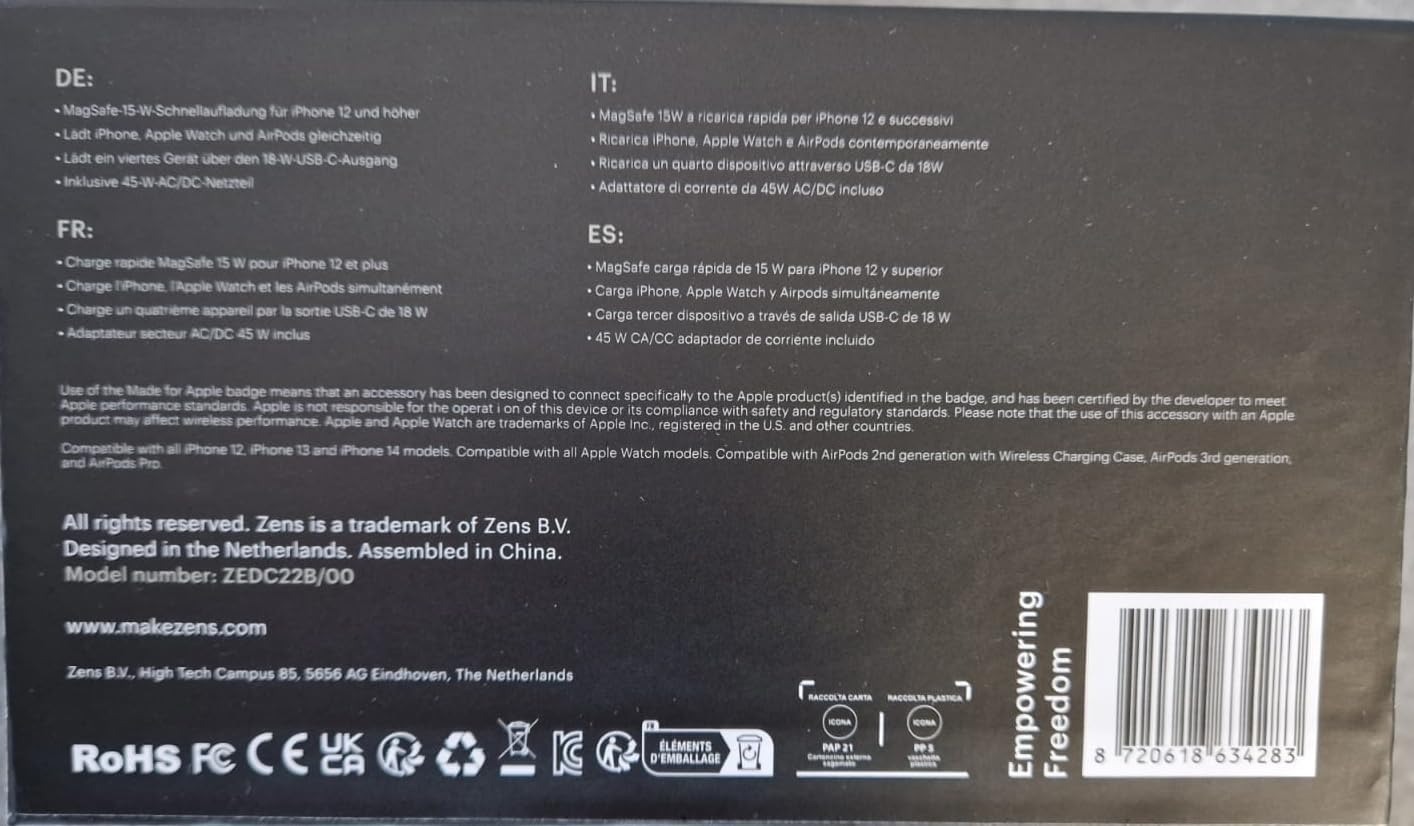 Back of ZENS product packaging showing model number, certifications, and manufacturer details.