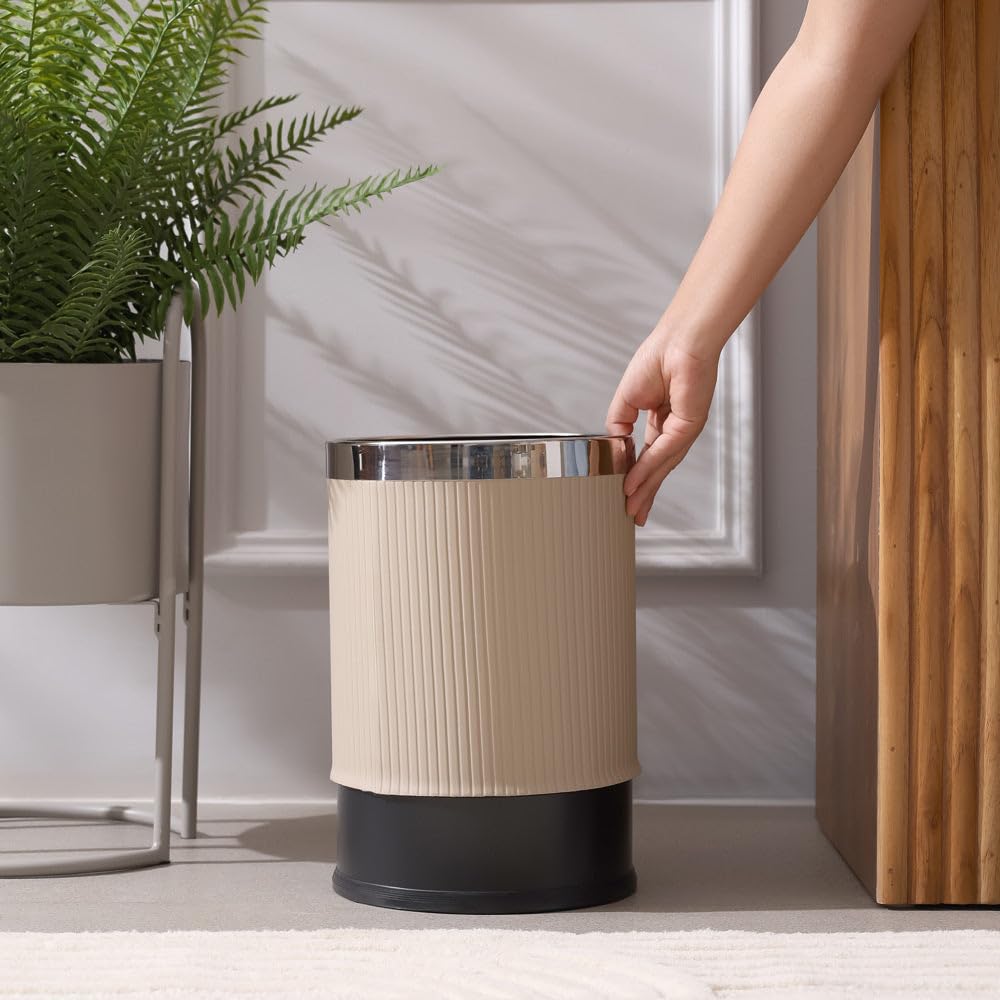 Stylish Taupe Waste Bin - PU Leather & Metal -2